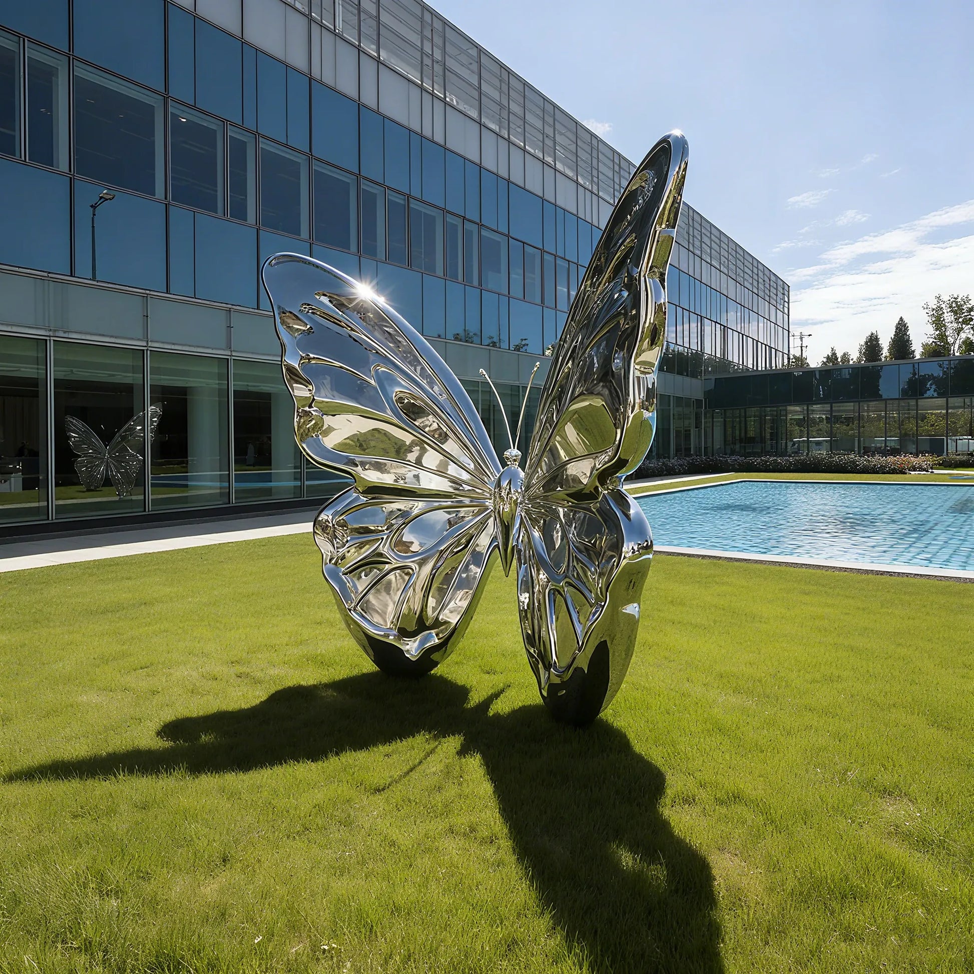 Mirror polished stainless steel butterfly sculpture installed on lawn near modern building.
