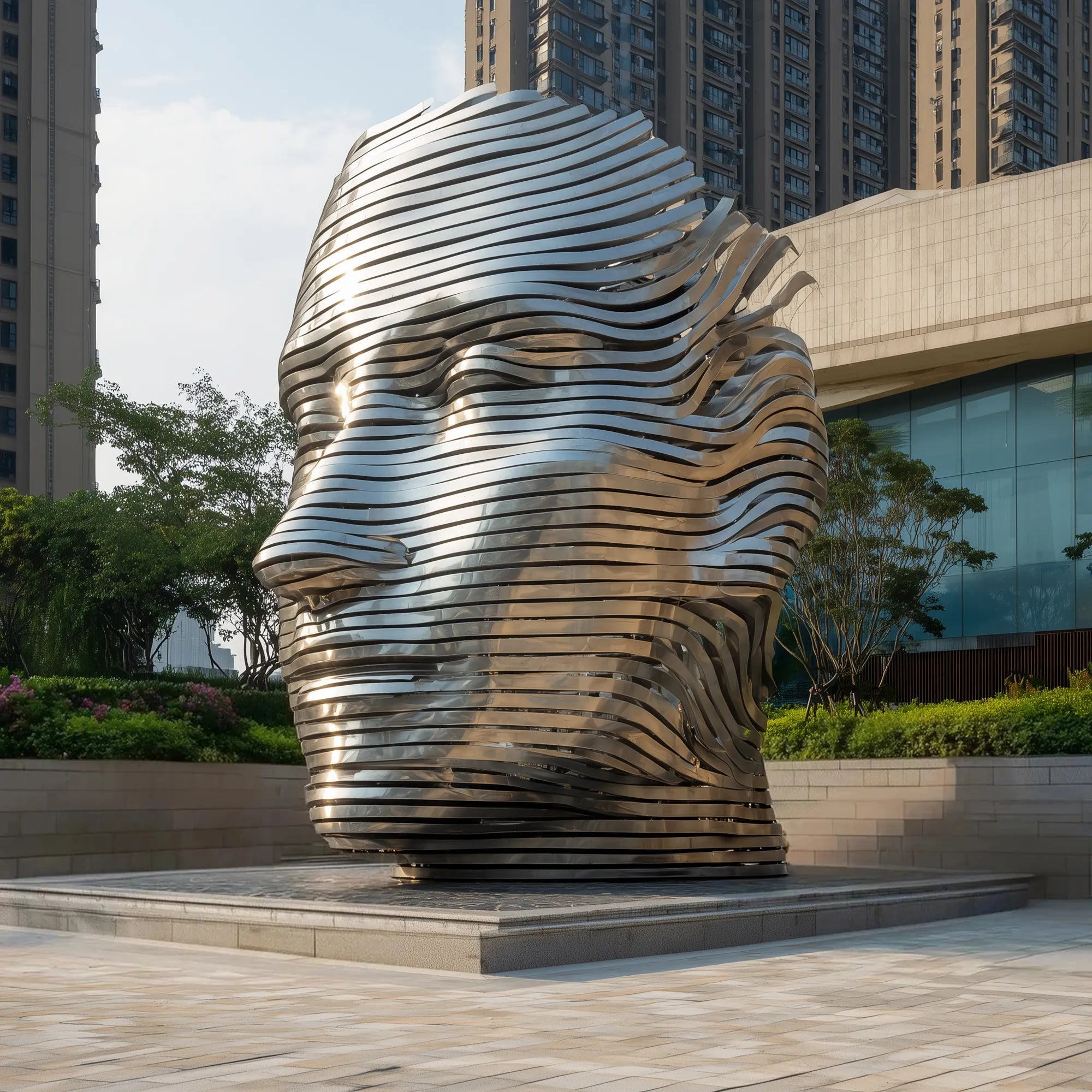 Stainless steel layered head sculpture with horizontal metal strips in outdoor plaza.