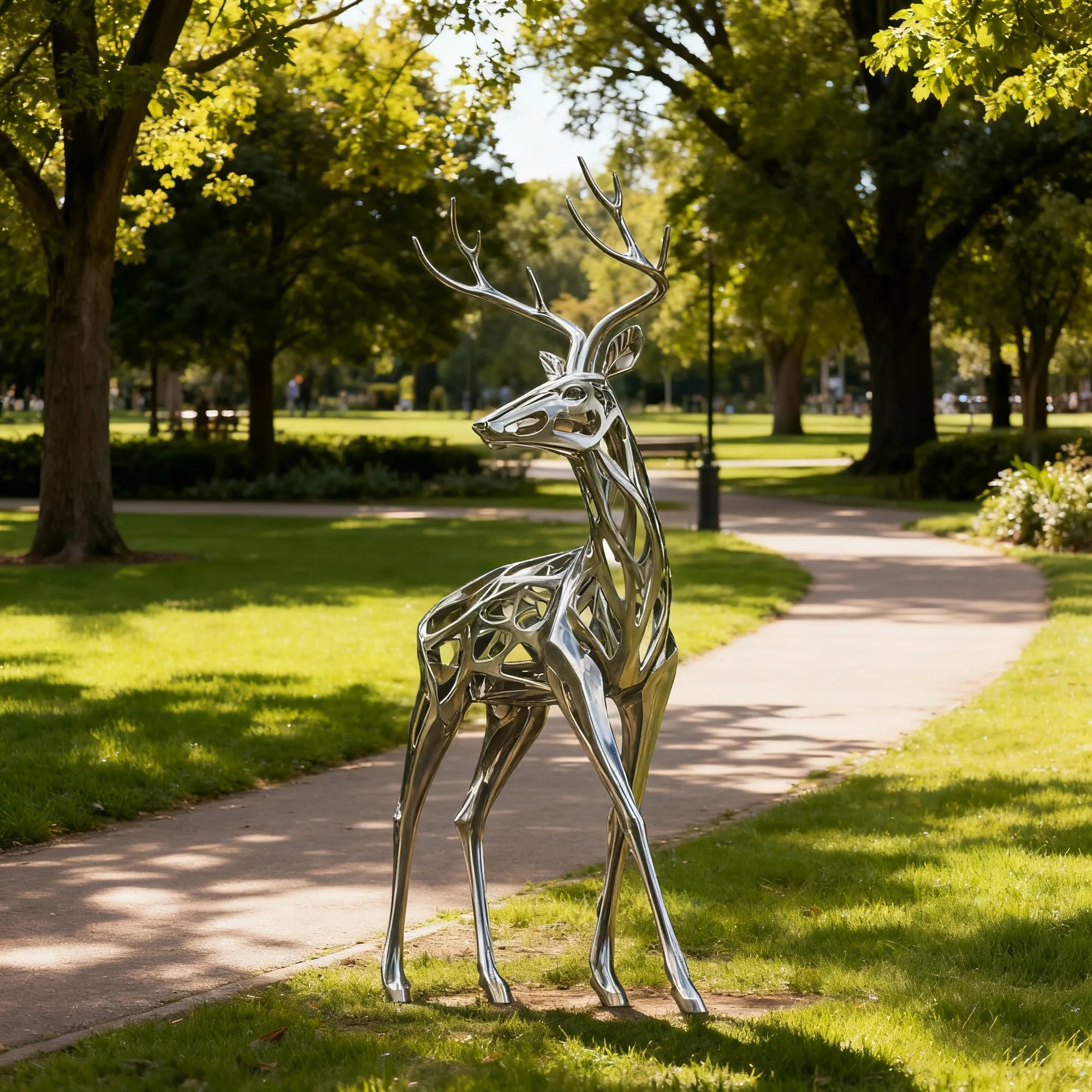 Polished stainless steel deer sculpture with antlers in outdoor park setting.