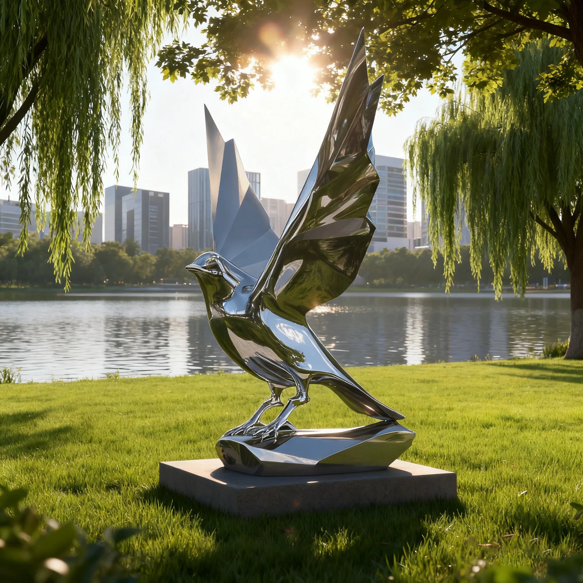 Stainless steel bird sculpture with raised wings on pedestal.
