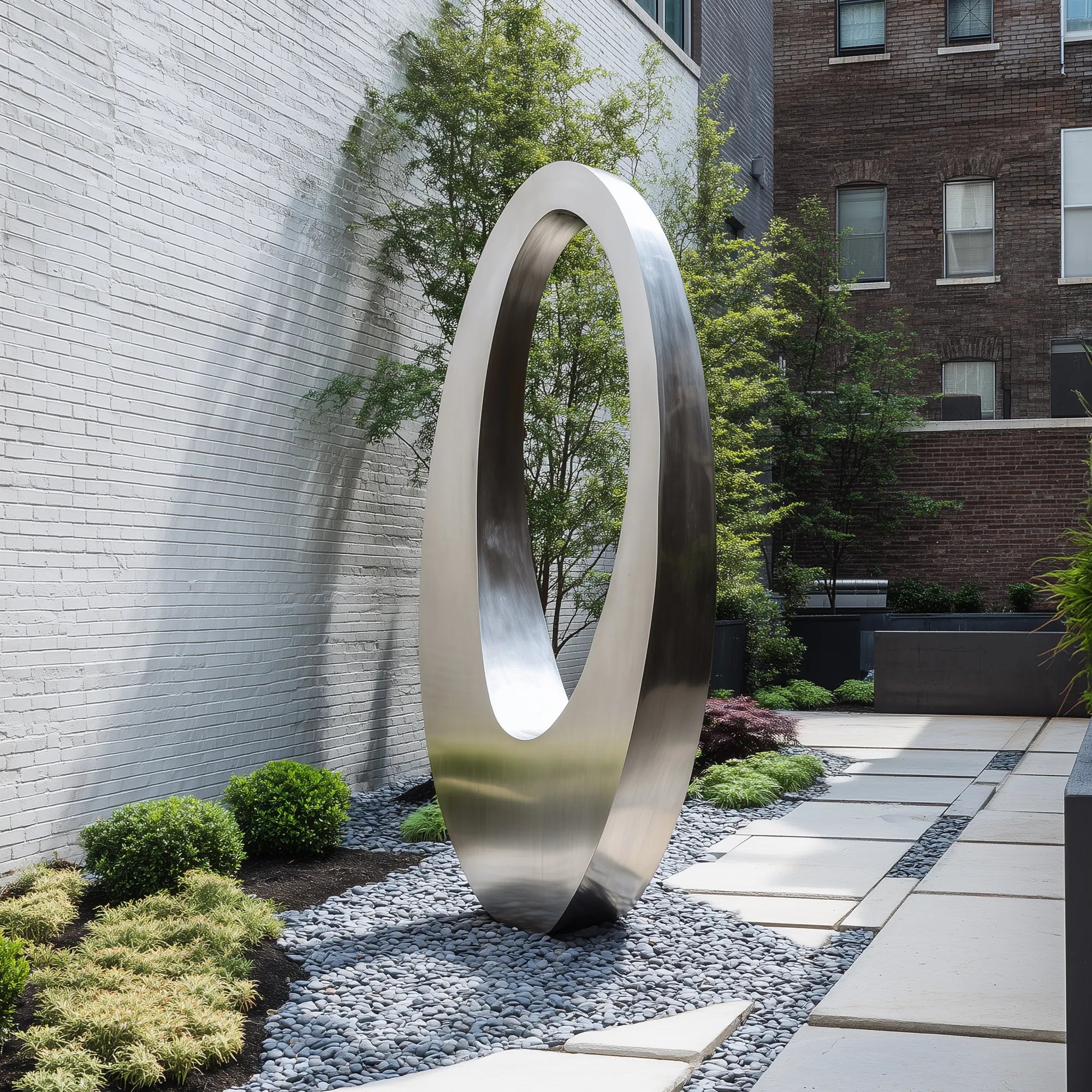 Polished stainless steel ring sculpture with an oval form placed in an outdoor landscape