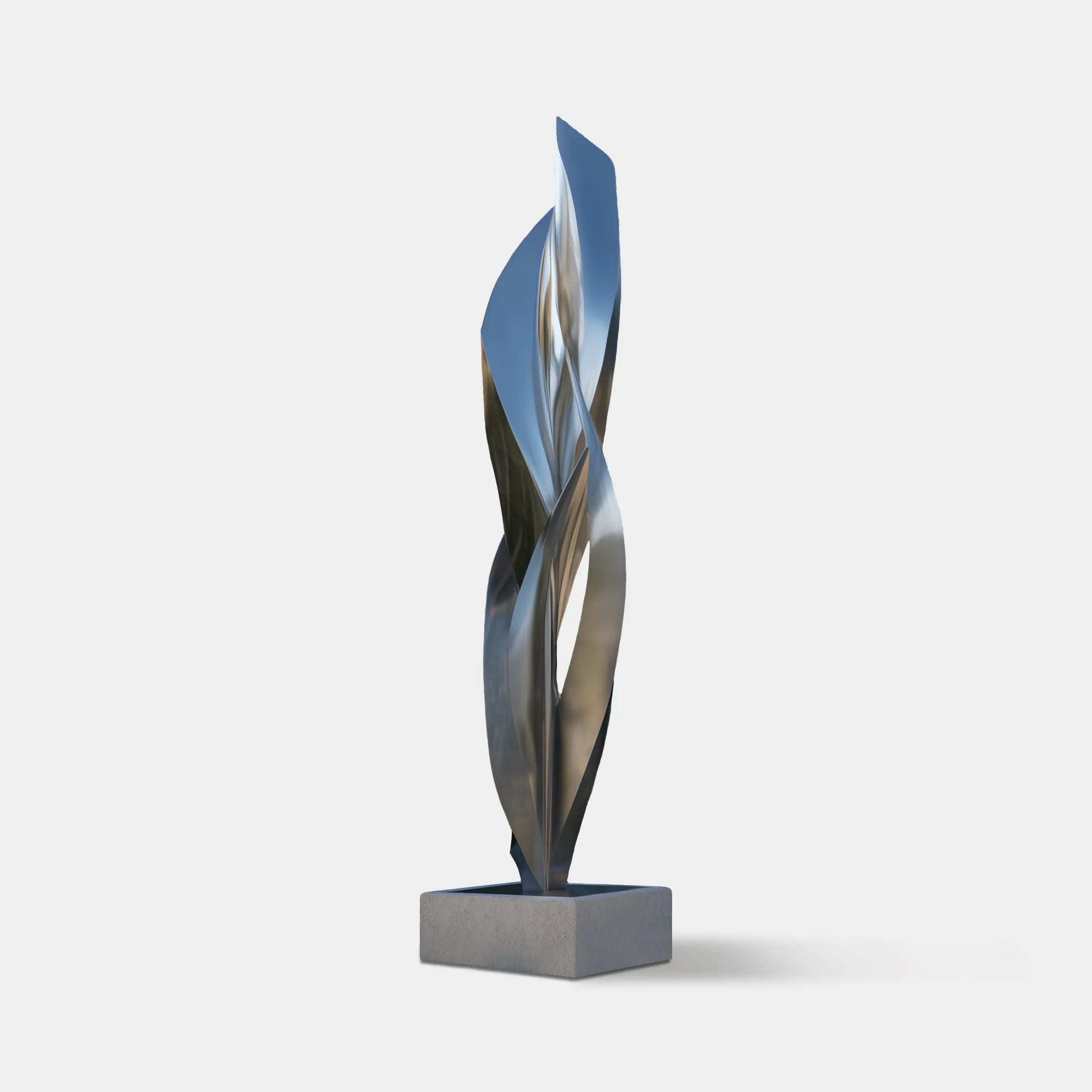 Abstract stainless steel sculpture with a twisted vertical form in a garden