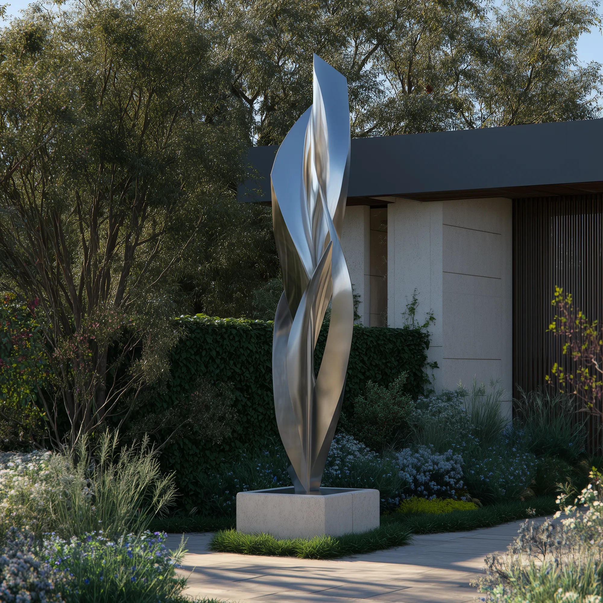 Abstract stainless steel sculpture with a twisted vertical form in a garden