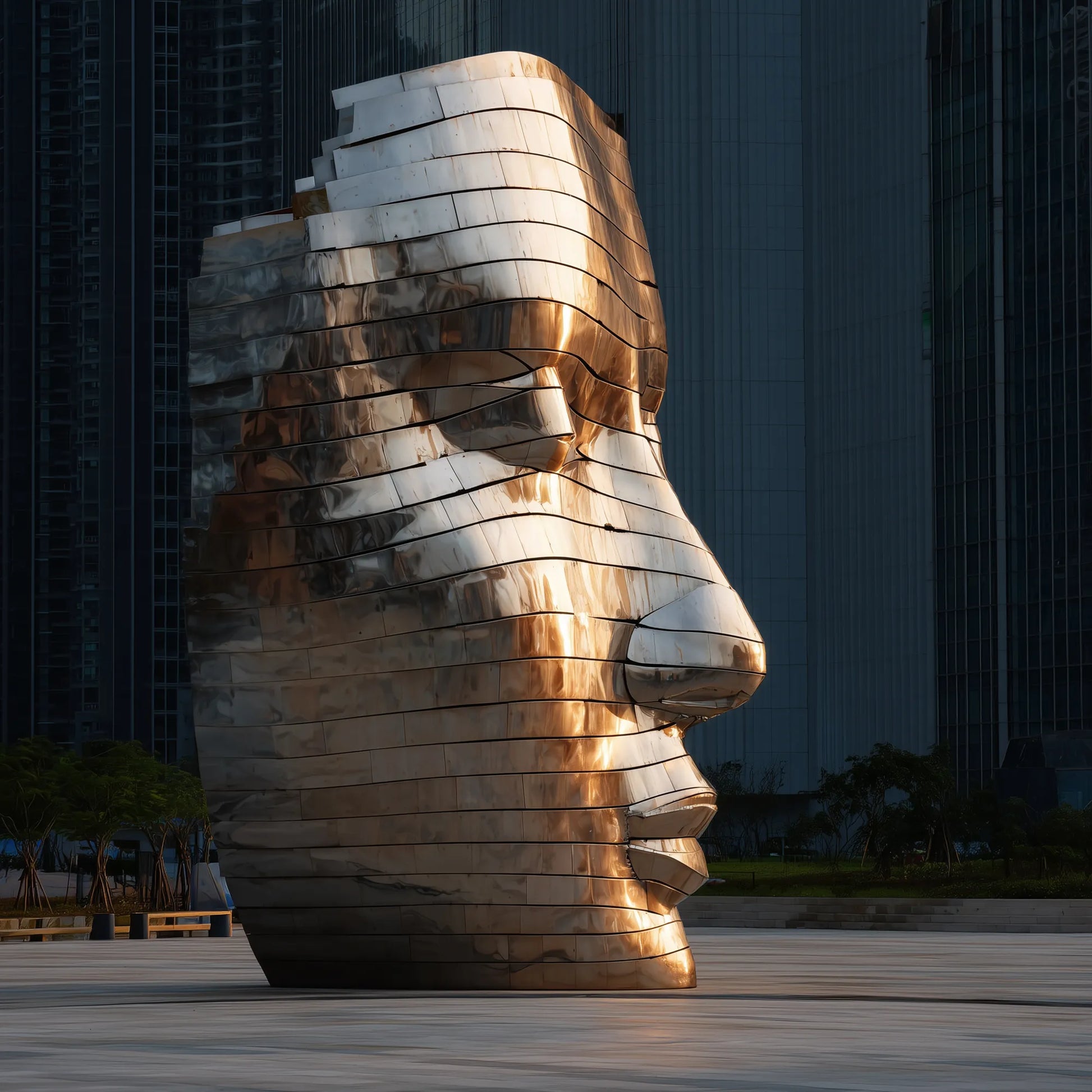 Large stainless steel abstract face sculpture with layered surface, displayed outdoors in a modern urban plaza surrounded by high-rise buildings.