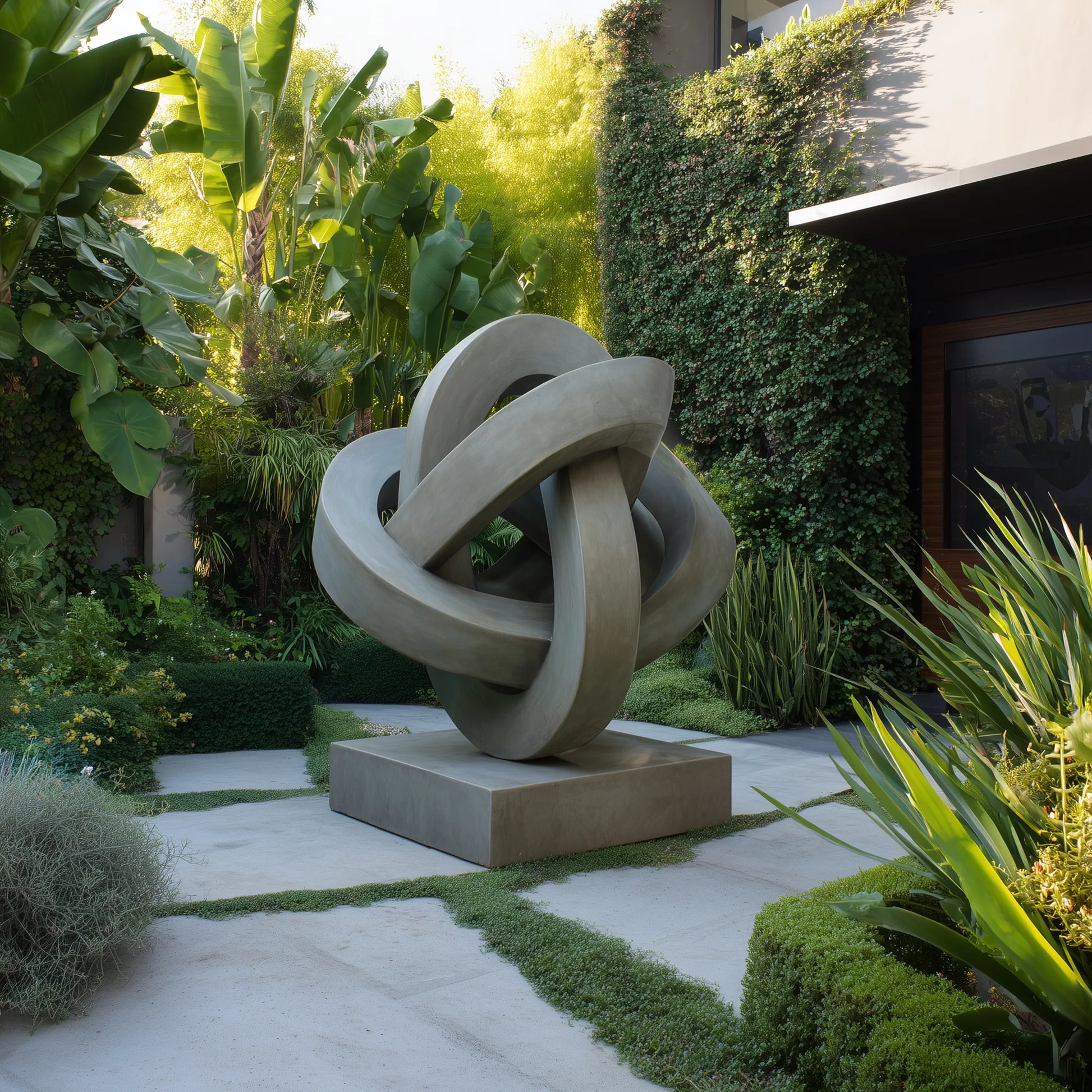 Abstract interwoven stainless steel ring sculpture displayed on a square base in a garden.