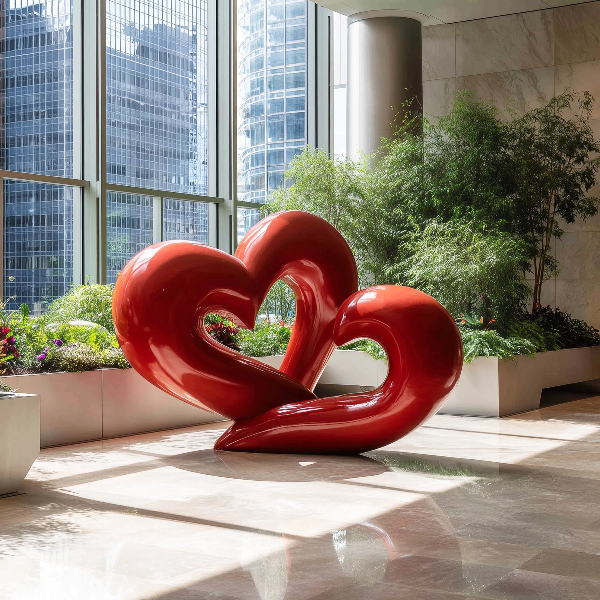 Heart-shaped stainless steel abstract sculpture with a glossy painted finish, displayed in a contemporary indoor space with clean lines and soft lighting.