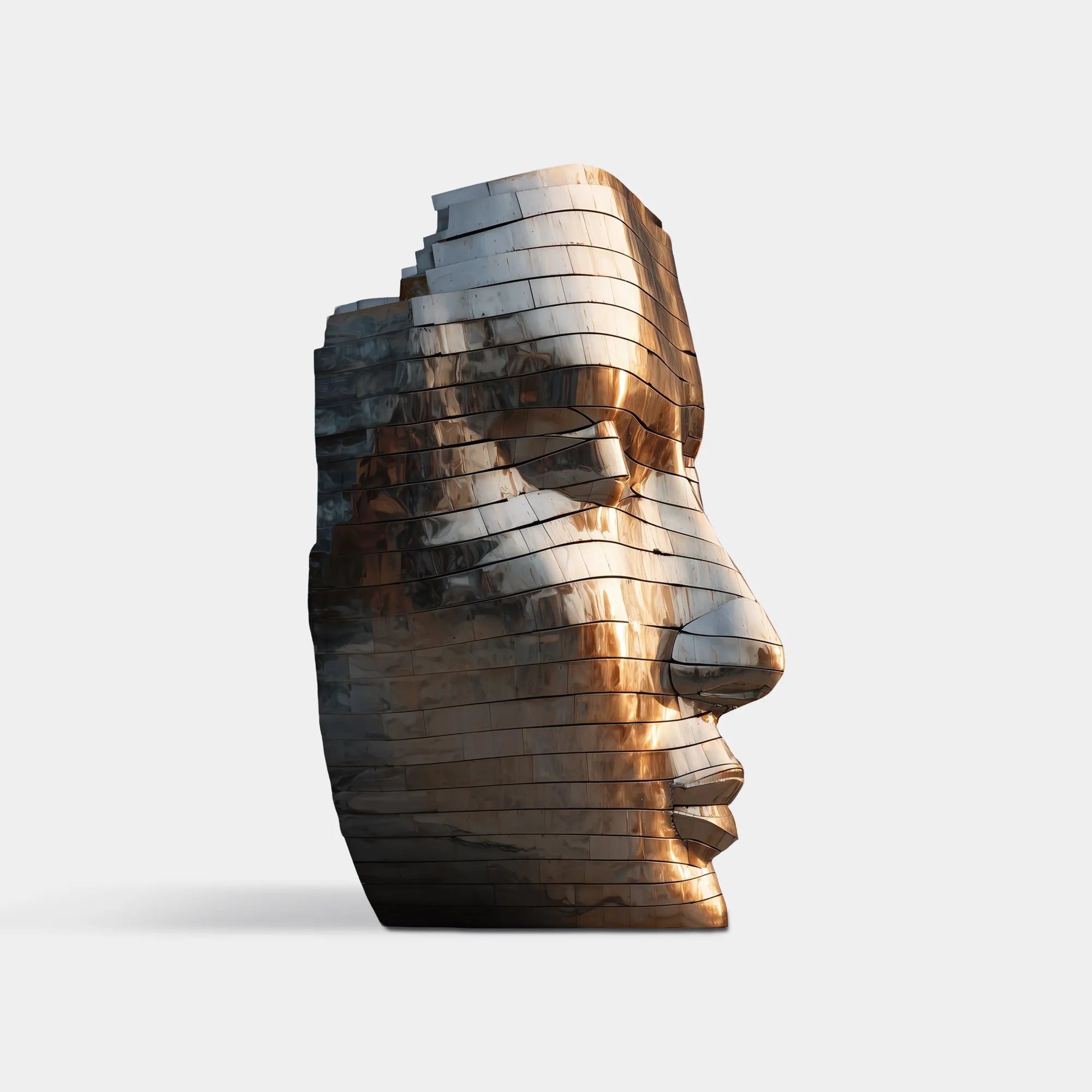 Large stainless steel abstract face sculpture with layered surface, displayed outdoors in a modern urban plaza surrounded by high-rise buildings.