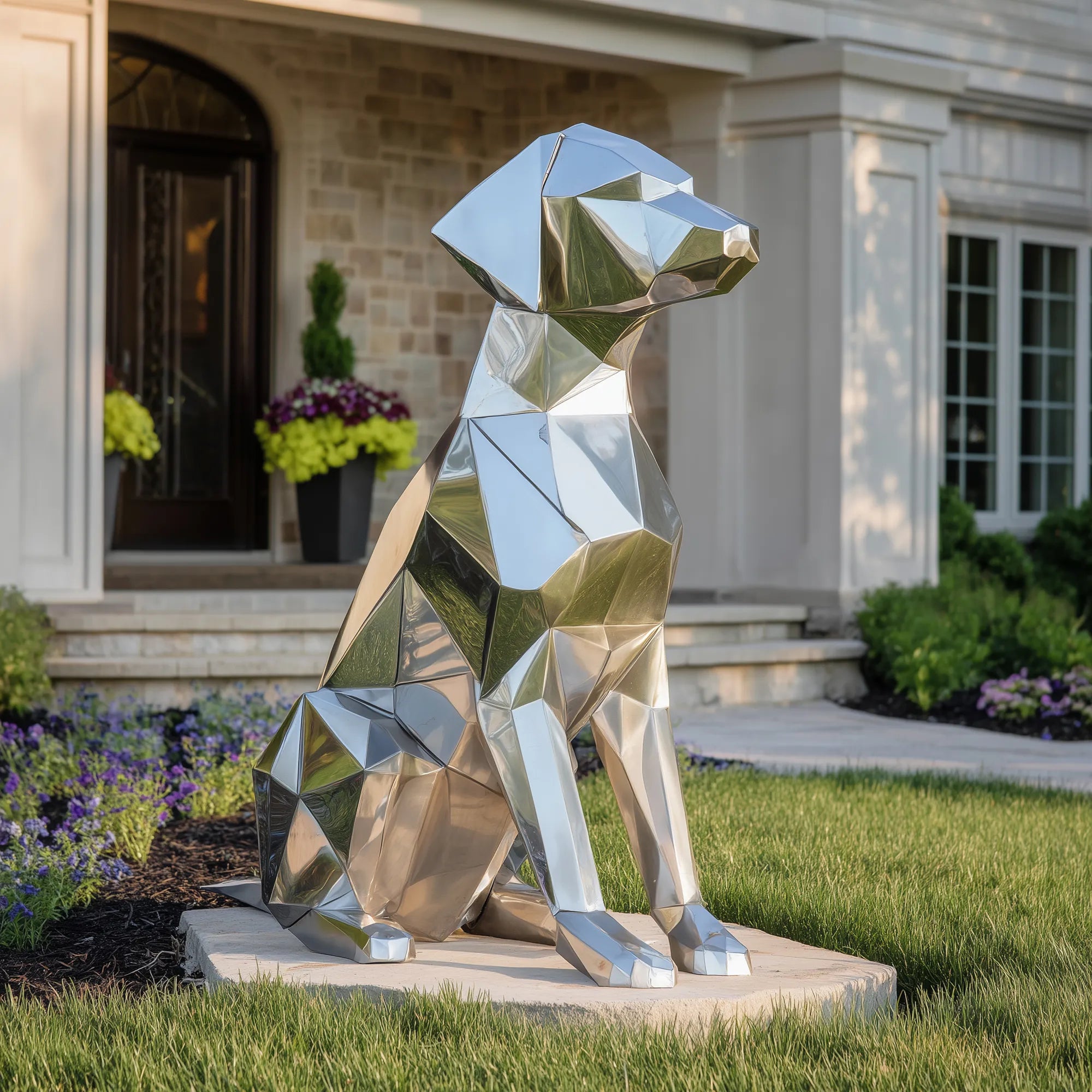 Stainless steel geometric dog sculpture displayed on a lawn in front of a modern residence.
