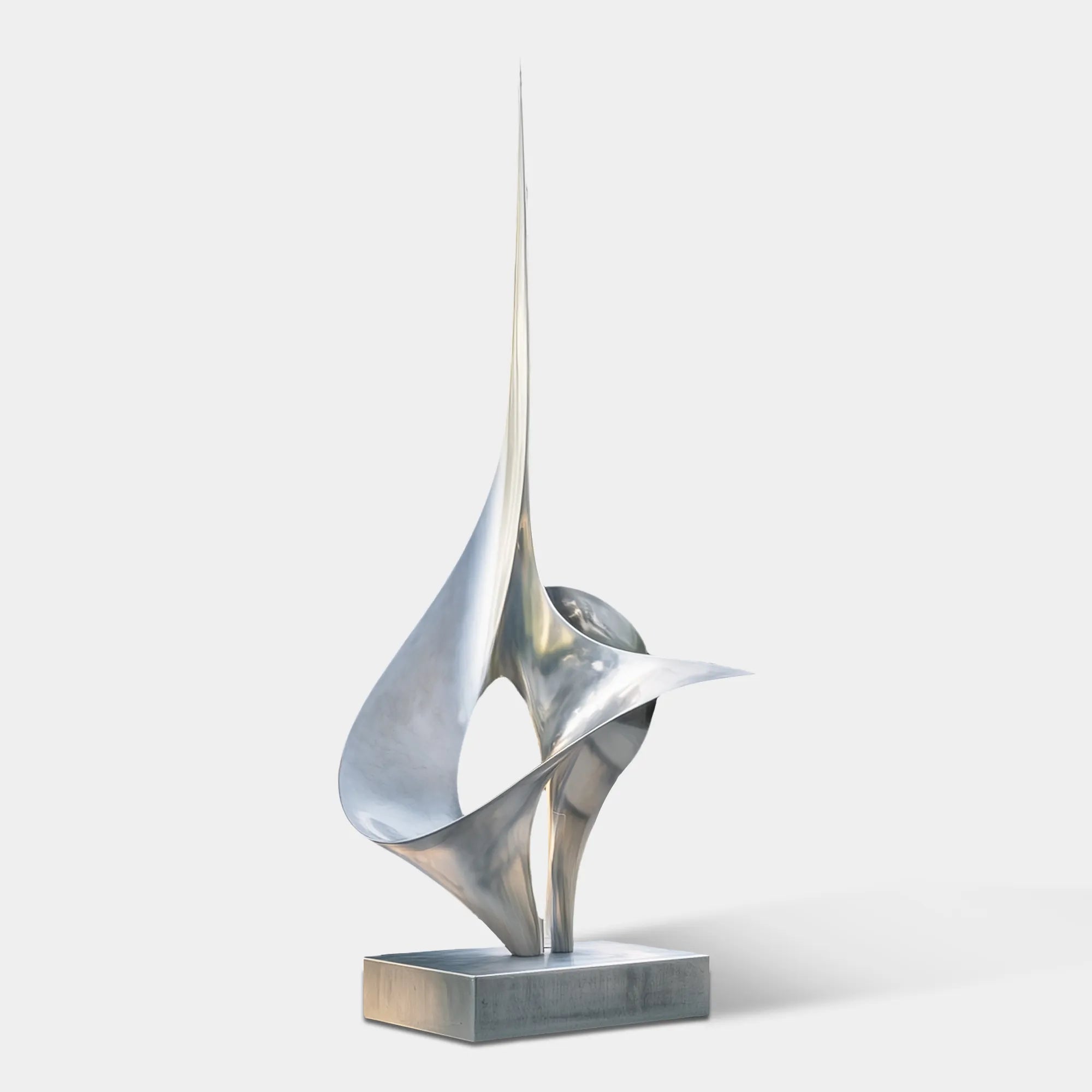 Polished stainless steel abstract sculpture with flowing curved form installed on a modern villa patio beside a glass-walled building.