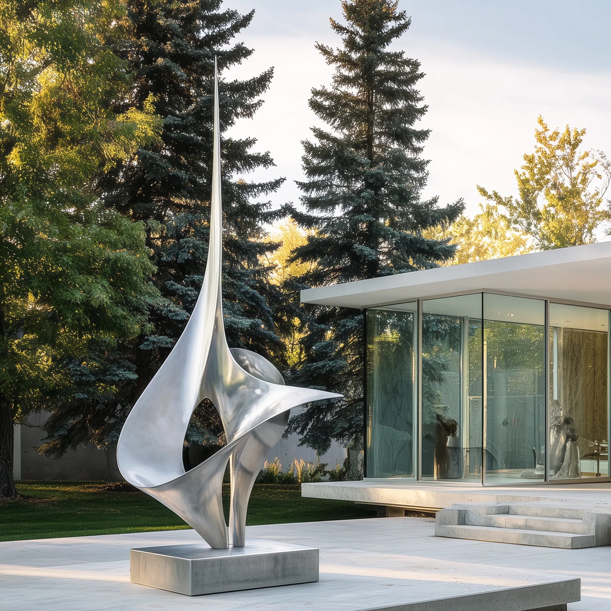Polished stainless steel abstract sculpture with flowing curved form installed on a modern villa patio beside a glass-walled building. 
