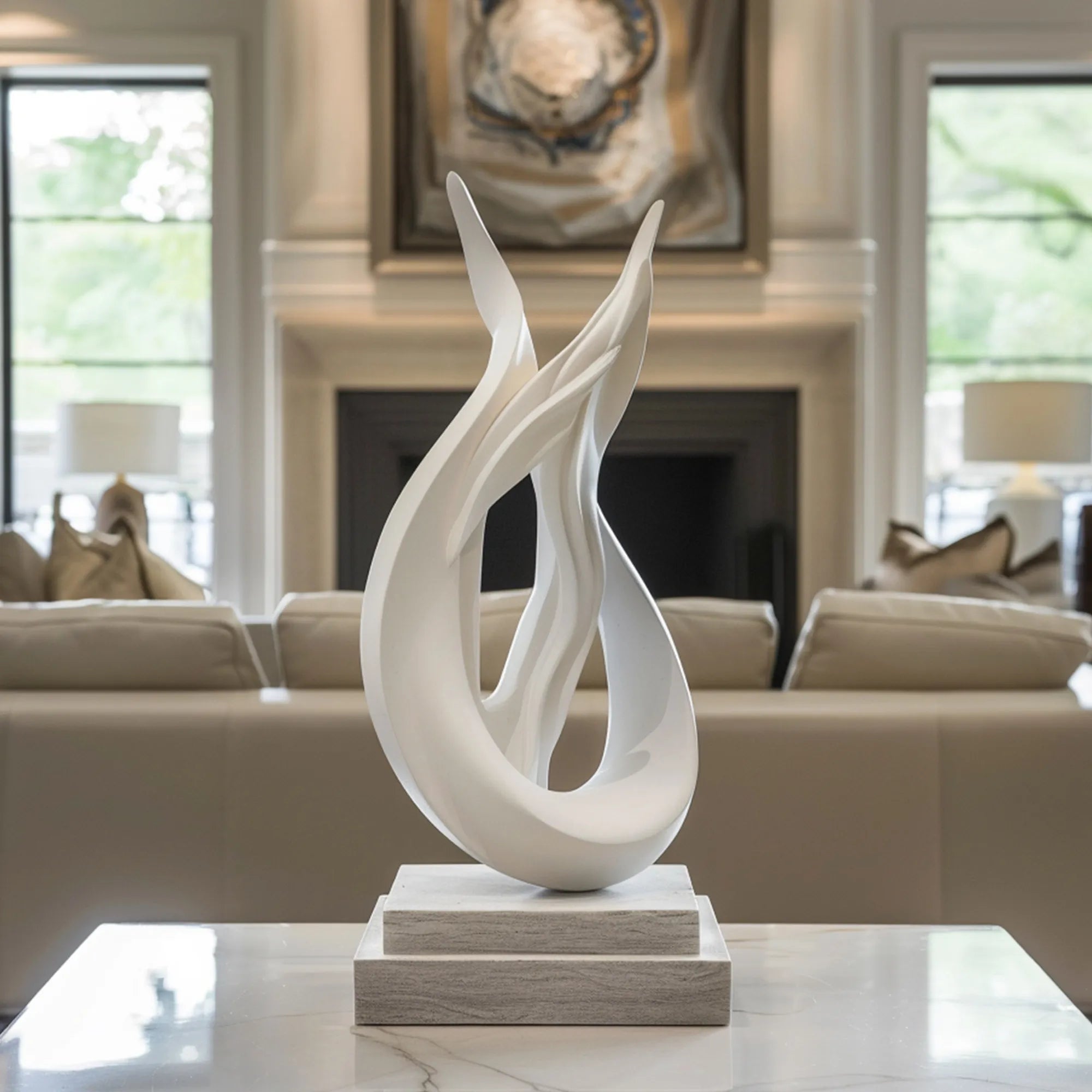 Abstract sculpture in white with flowing form for the living room.
