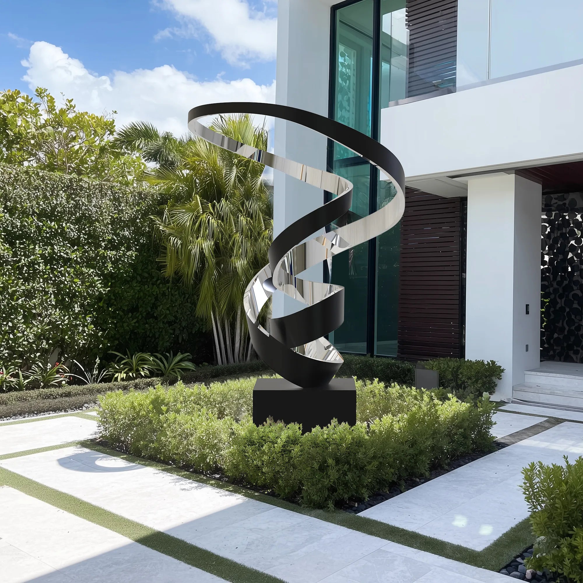 Modern spiral sculpture with black and silver finish for luxury villas and modern spaces.