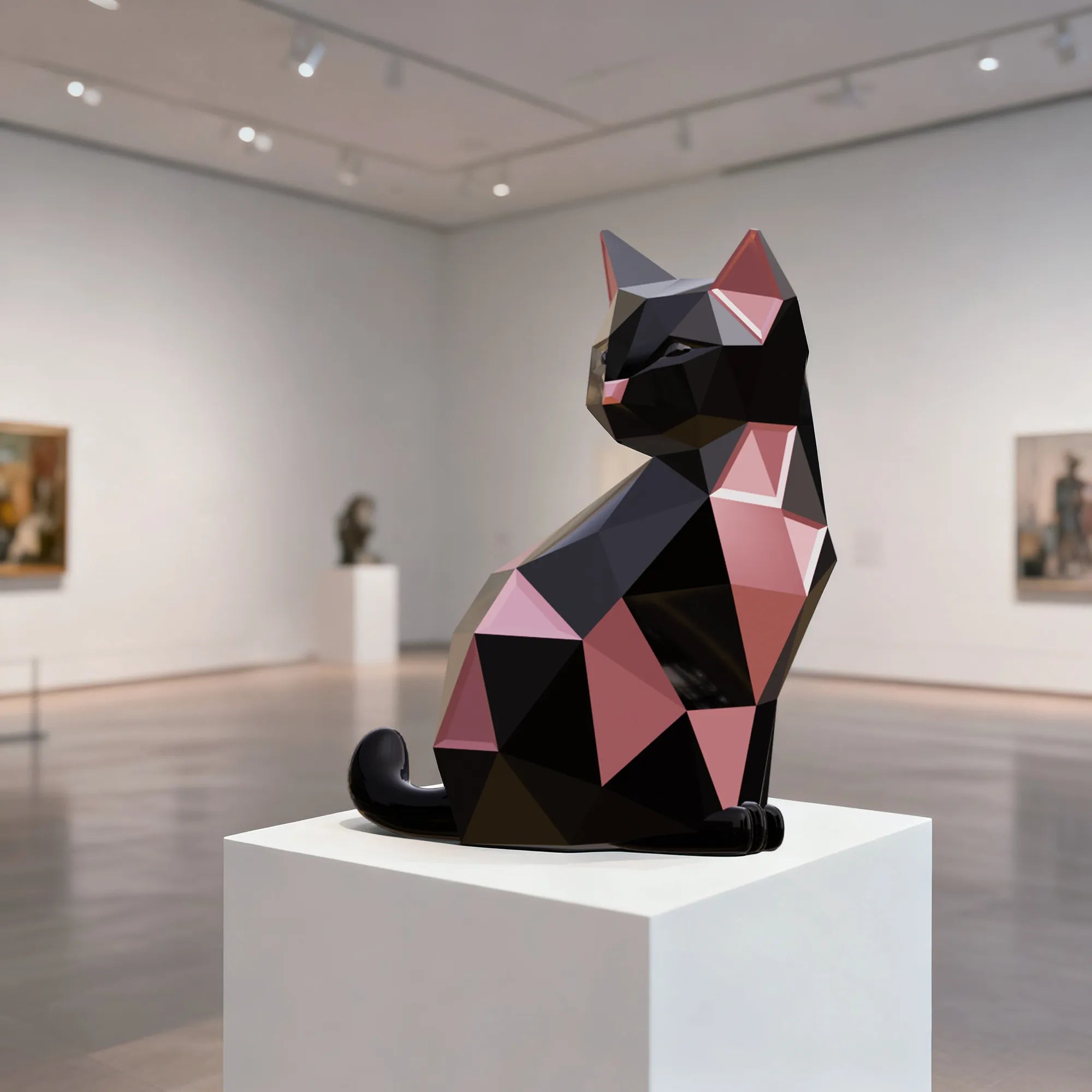 Modern stainless steel sculpture with a geometric design for luxury interiors.