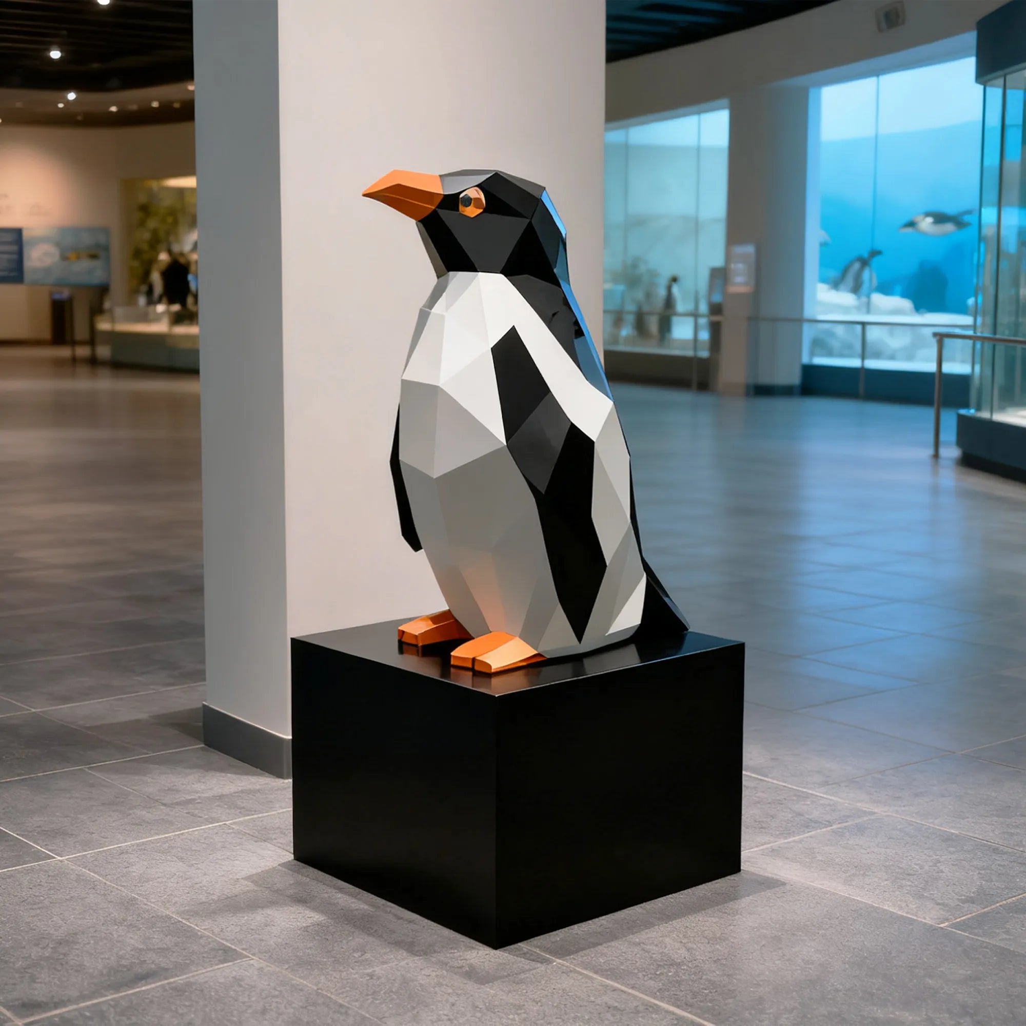 Stainless steel penguin sculpture with geometric faceted surface, modern decorative artwork for villas, gardens, and contemporary interiors.