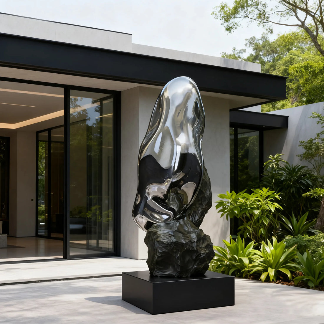 Abstract stainless steel sculpture with stone base for modern interiors and luxury spaces.