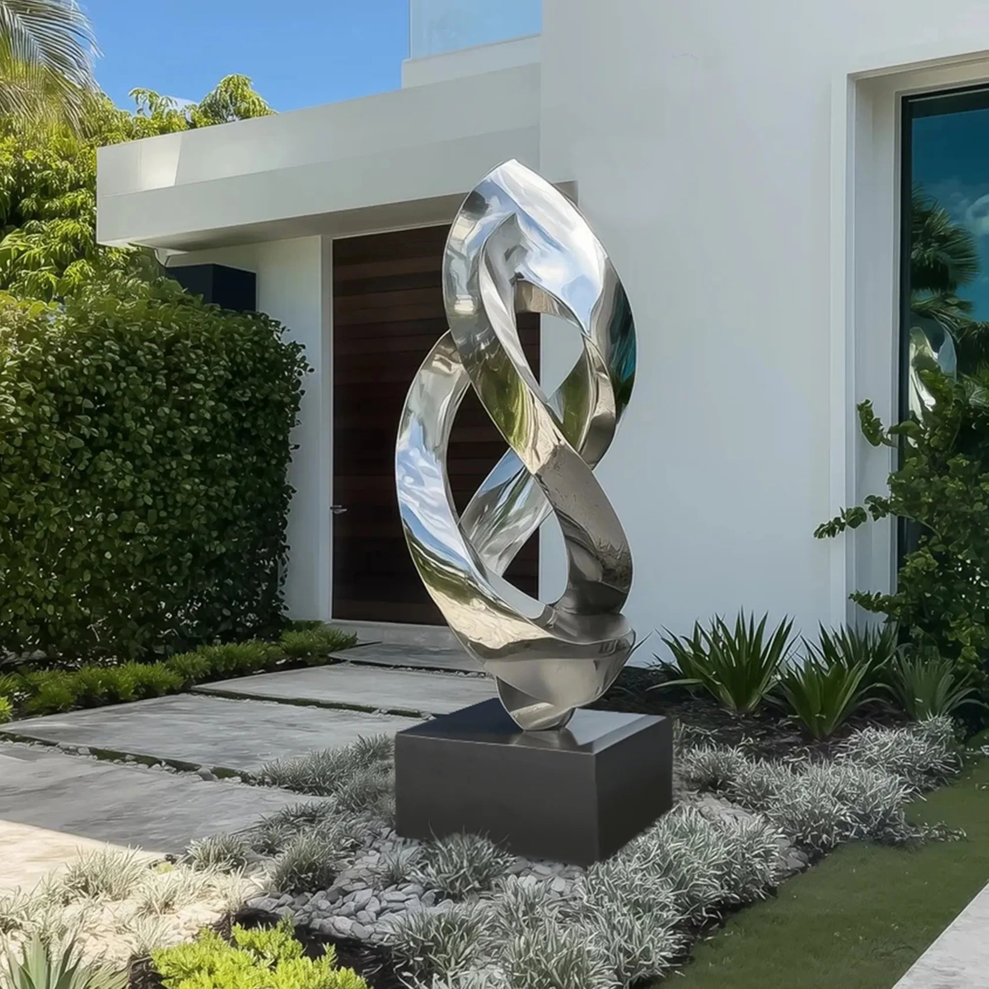Modern stainless steel sculpture with a spiral design for gardens.