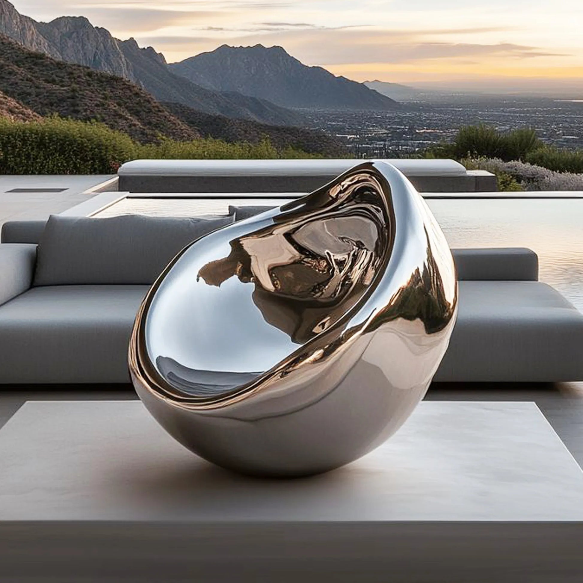 Modern stainless steel sculpture with polished finish for outdoor.