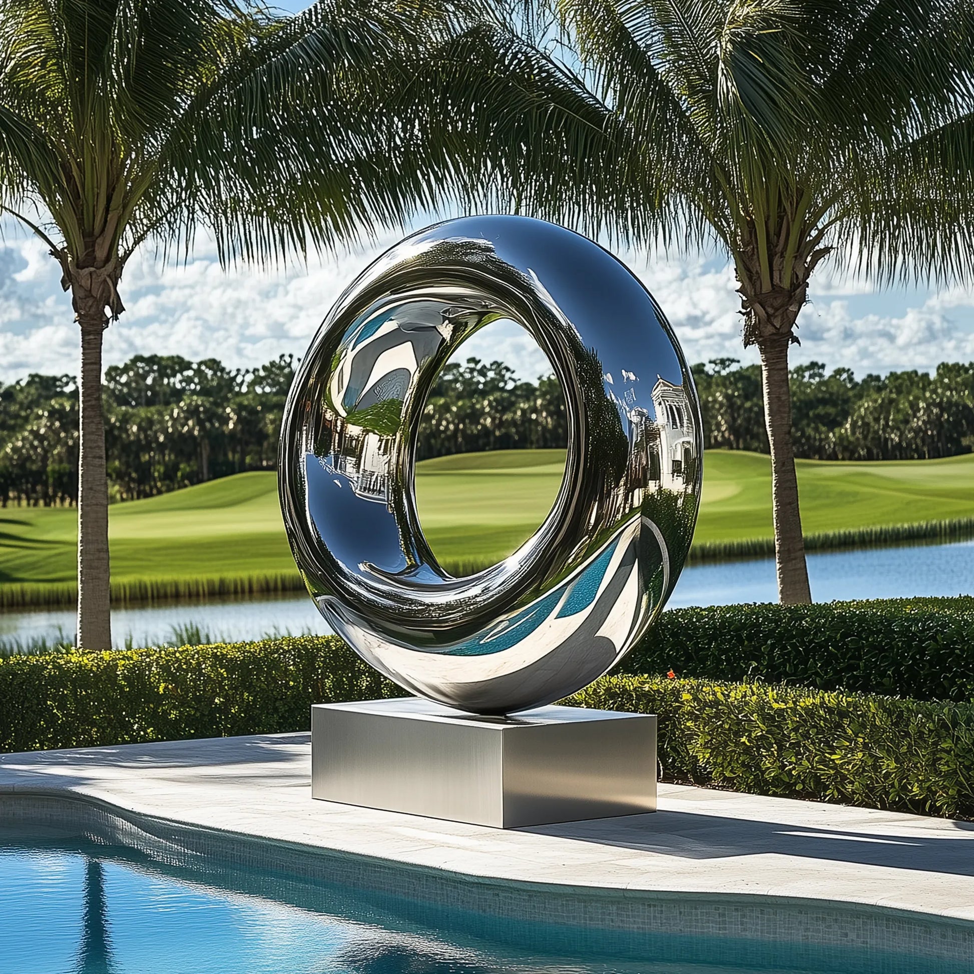 Ring sculpture in polished stainless steel for poolside.