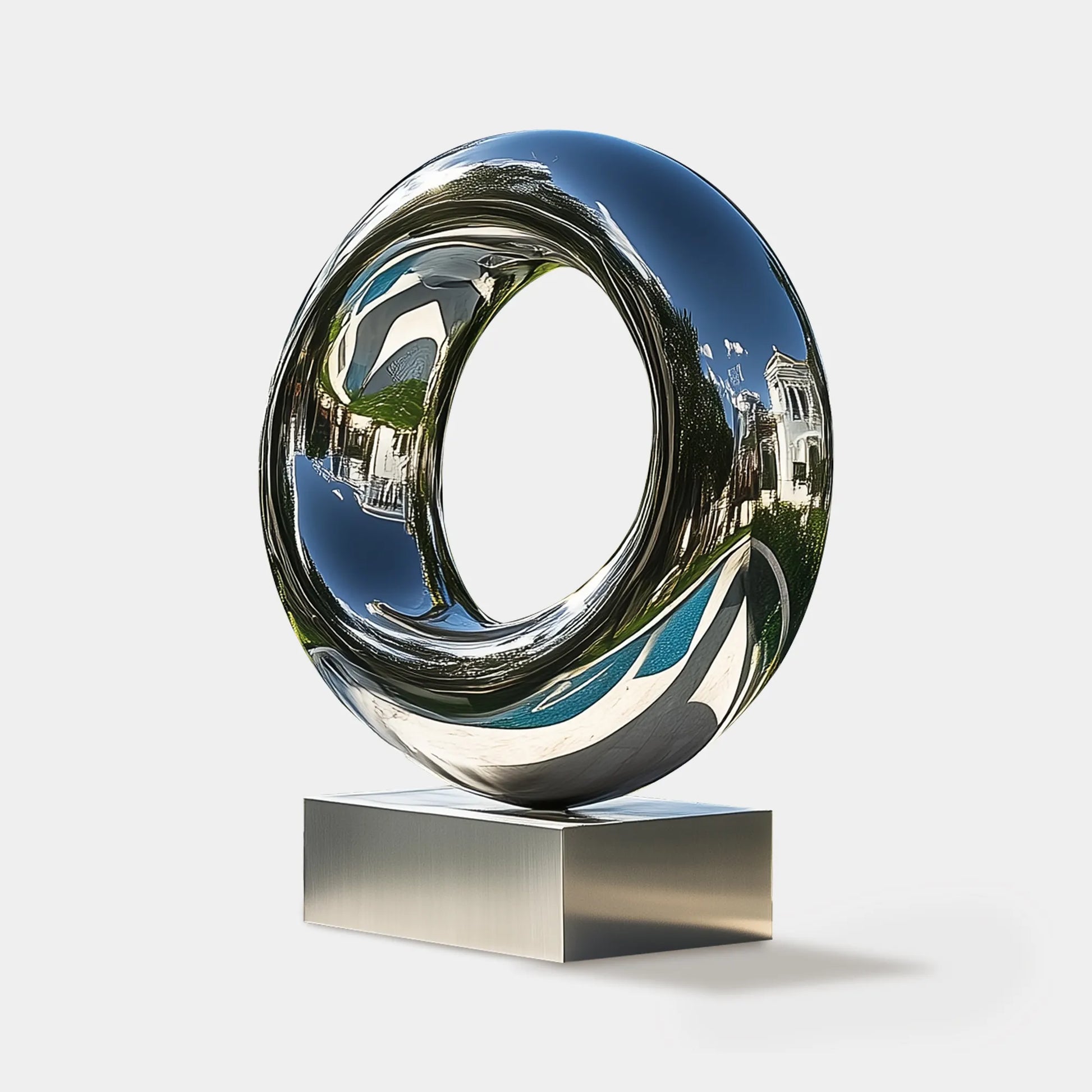 Ring sculpture in polished stainless steel for poolside.