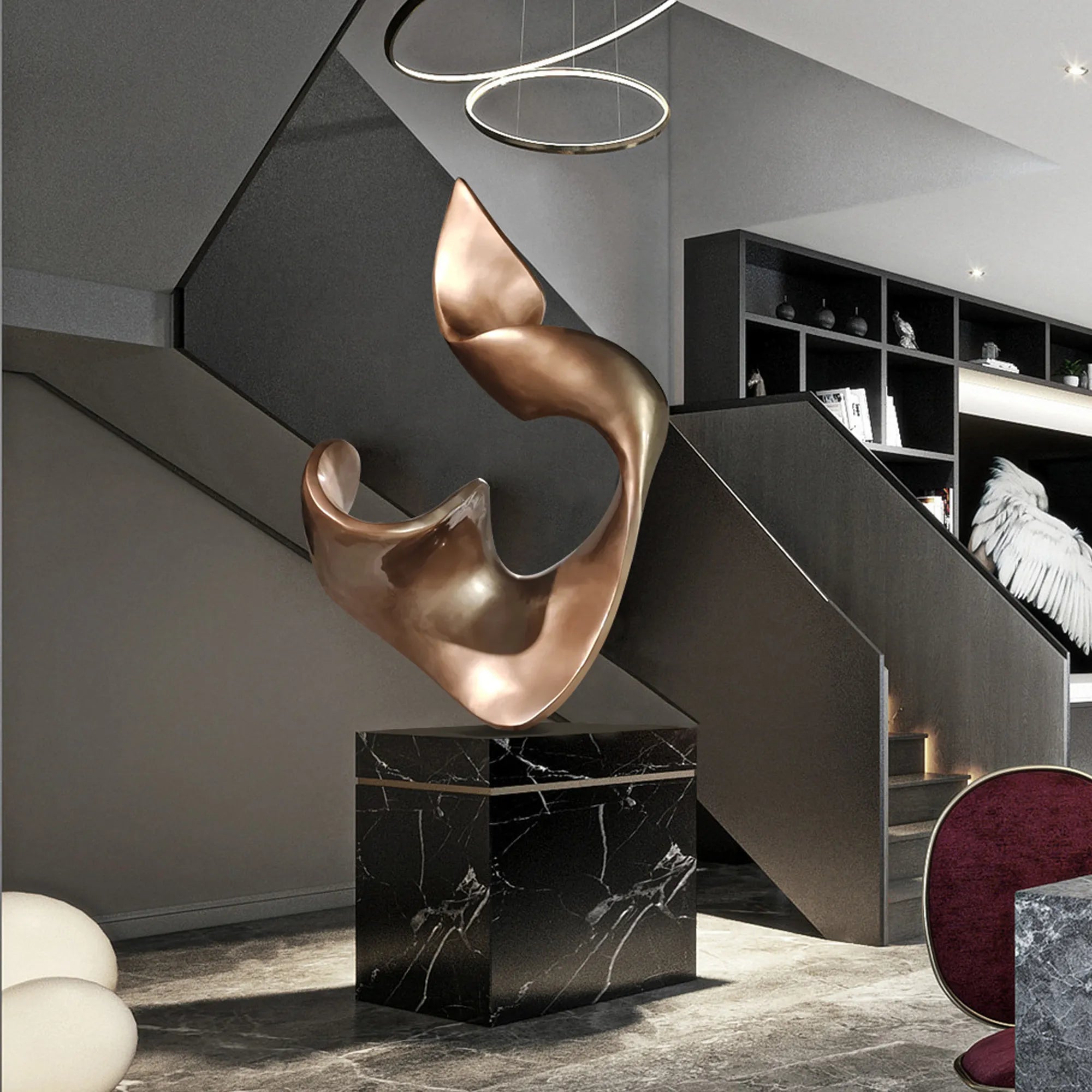 Abstract sculpture in stainless steel with a flowing form for art galleries.