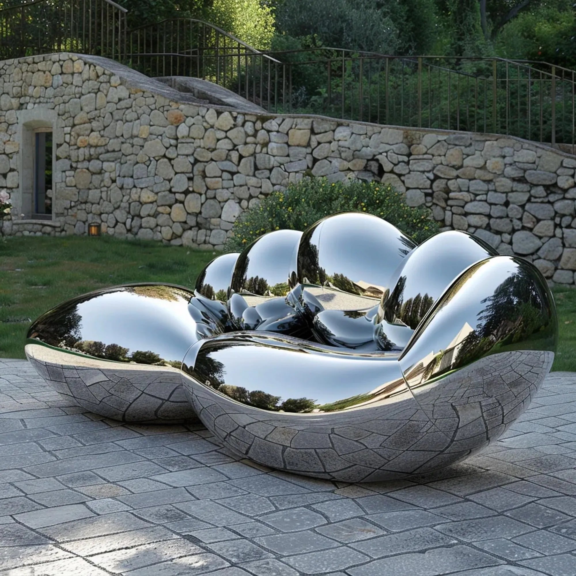 Abstract stainless steel sculpture for outdoor spaces.