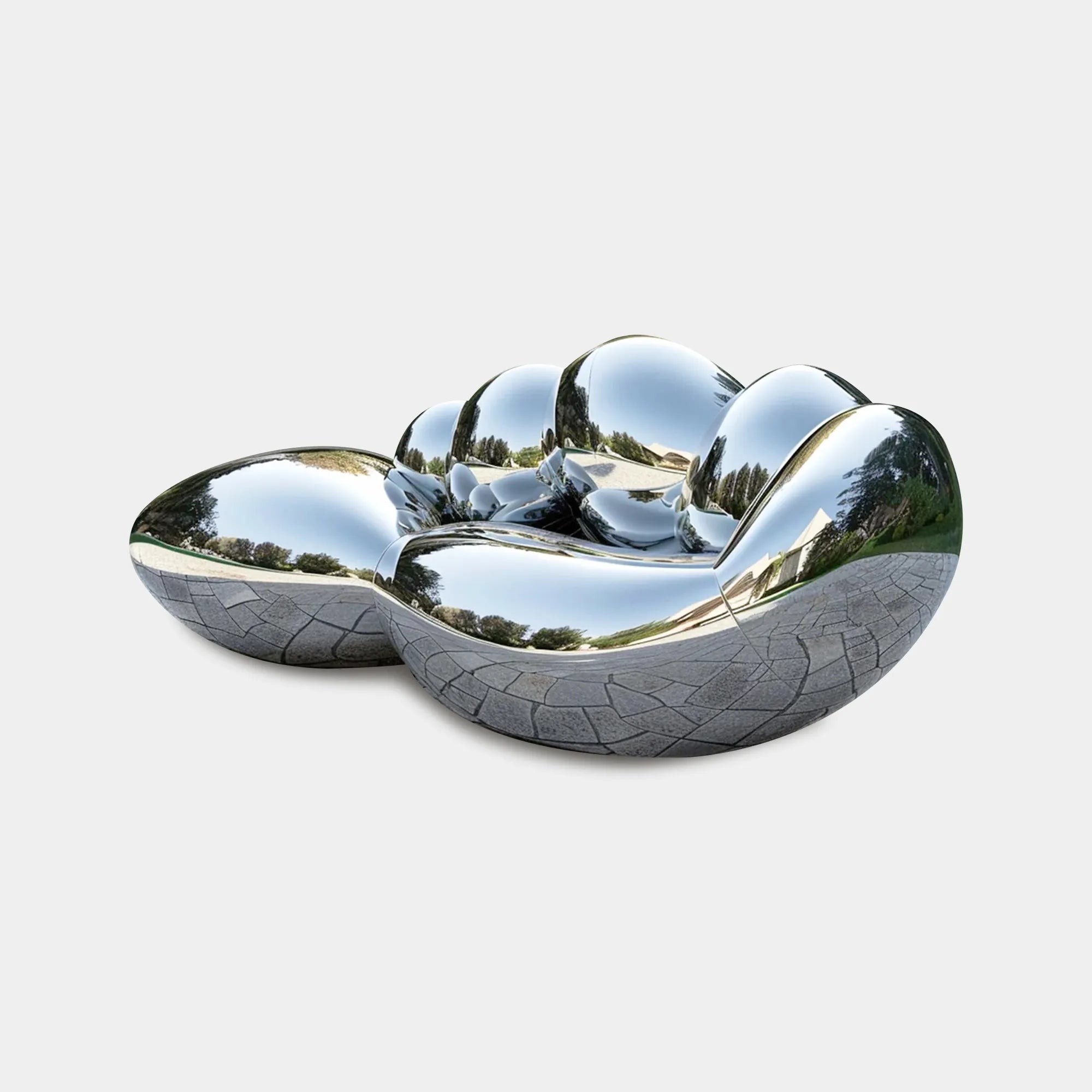Abstract stainless steel sculpture for outdoor spaces.
