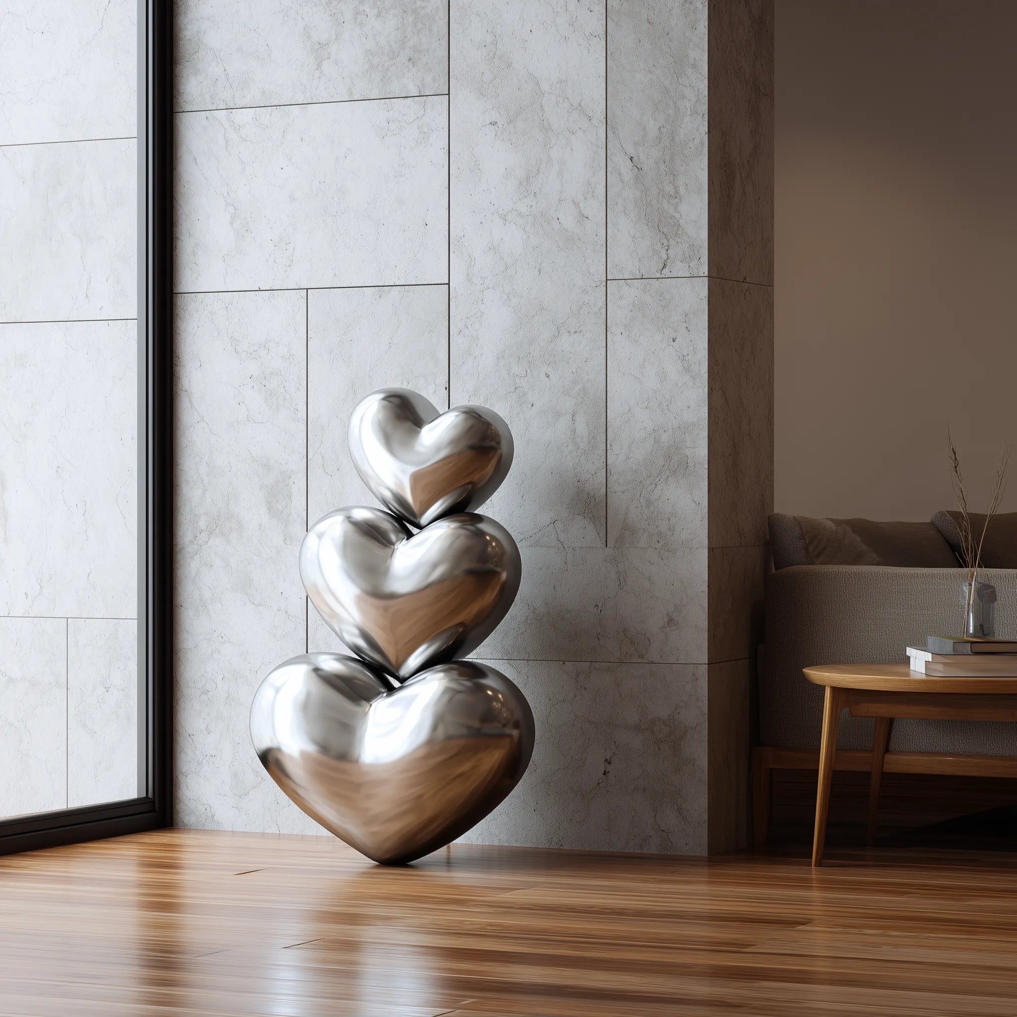 DVS Three Hearts Sculpture in Polished Stainless Steel for Modern Interiors and Art Galleries DS010
