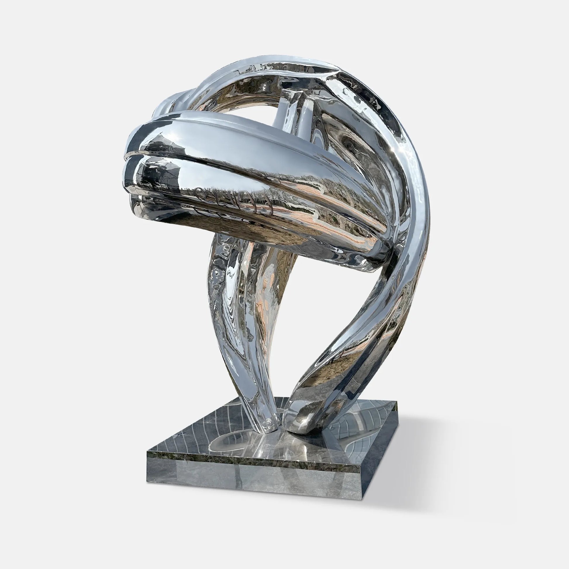 Abstract stainless steel sculpture with flowing interwoven curves and modern polished mirror finish for luxury gardens, plazas, and art galleries.