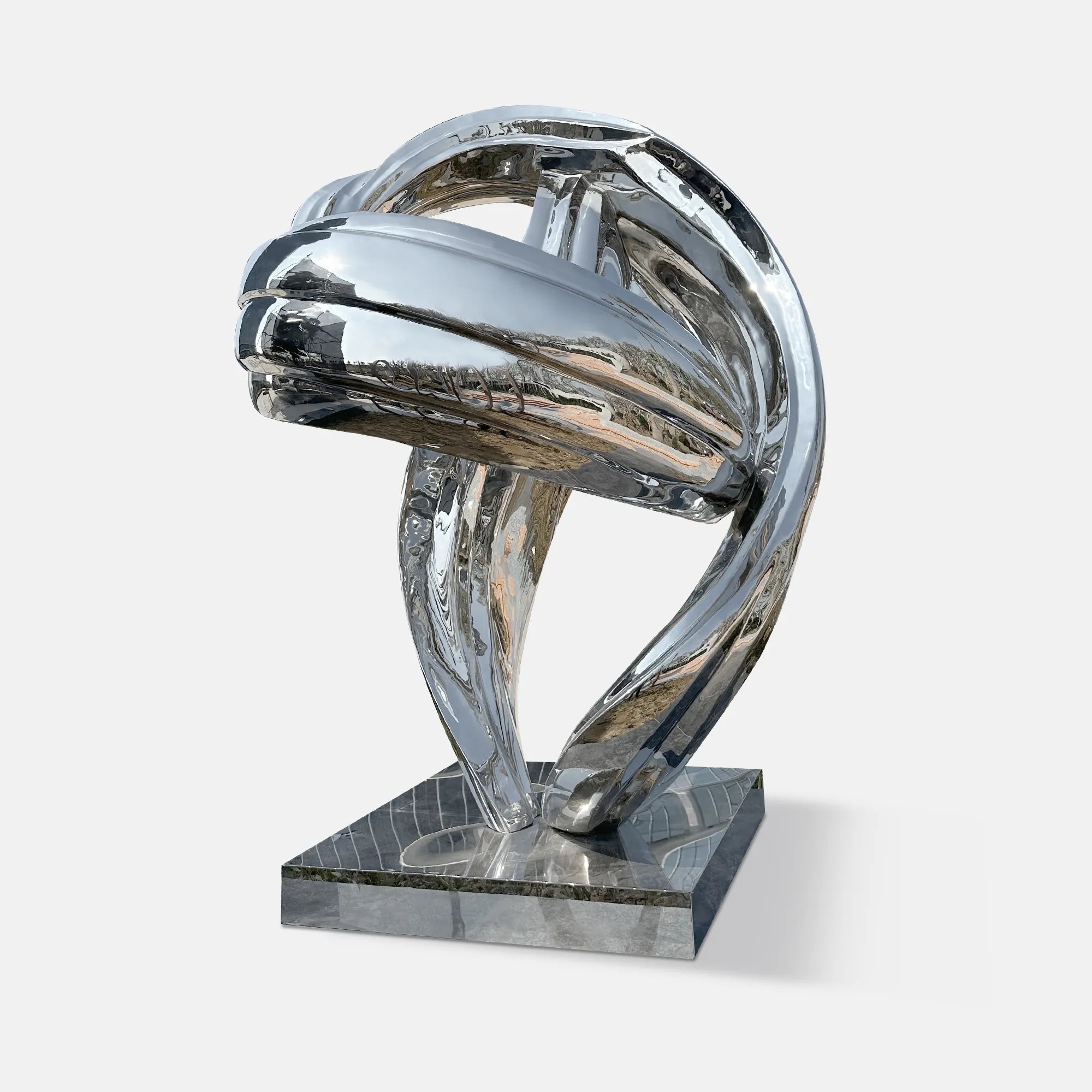Abstract stainless steel sculpture with flowing interwoven curves and modern polished mirror finish for luxury gardens, plazas, and art galleries.