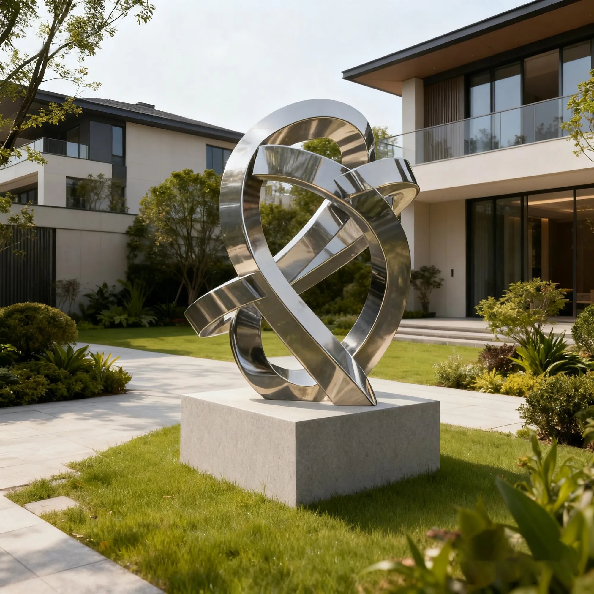 Abstract stainless steel sculpture with interwoven loop design for villas, hotels, and public spaces.