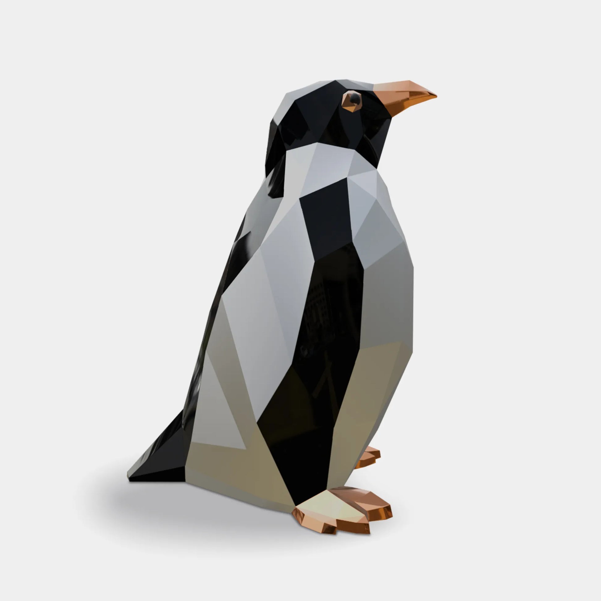 Stainless steel penguin sculpture with geometric faceted surface, modern decorative artwork for villas, gardens, and contemporary interiors.