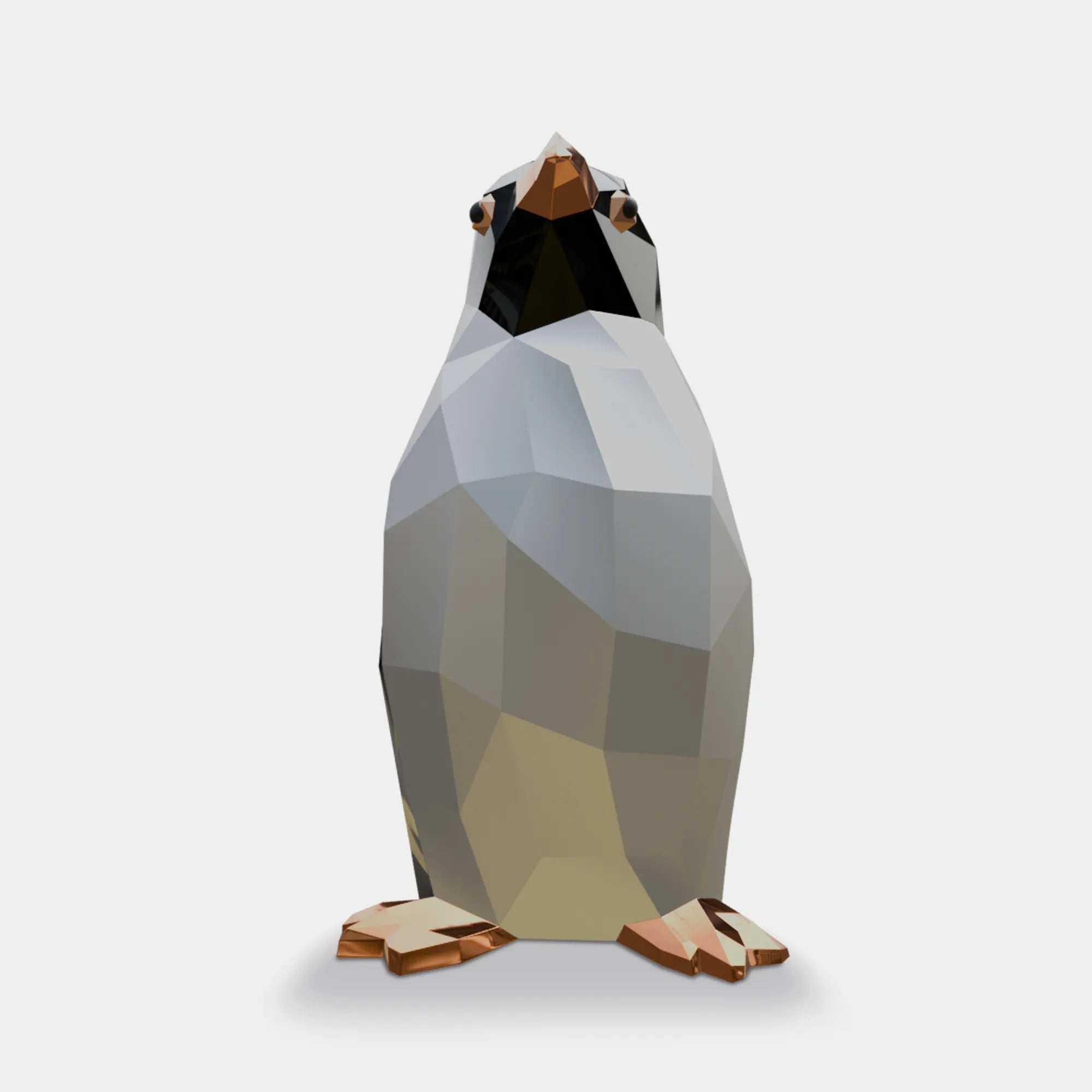 Stainless steel penguin sculpture with geometric faceted surface, modern decorative artwork for villas, gardens, and contemporary interiors.