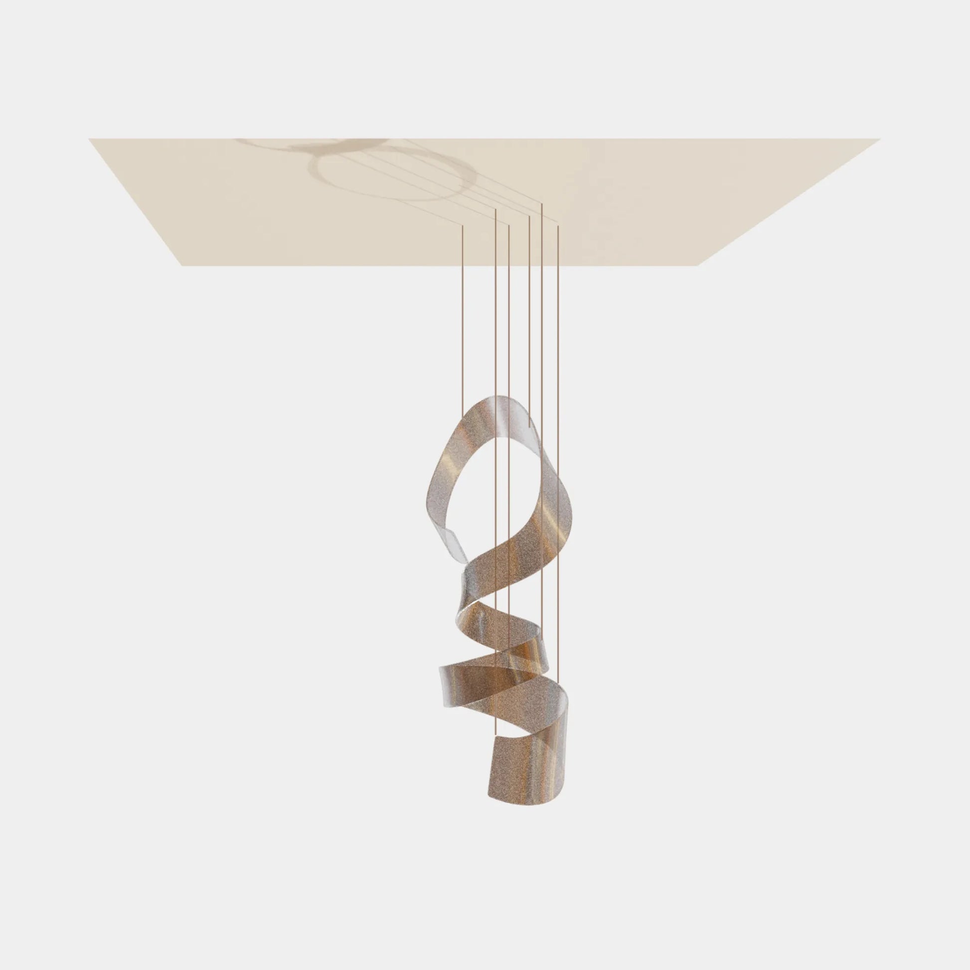 Hanging spiral sculpture in ribbon design with golden speck details for hotels, atriums, and luxury interiors.