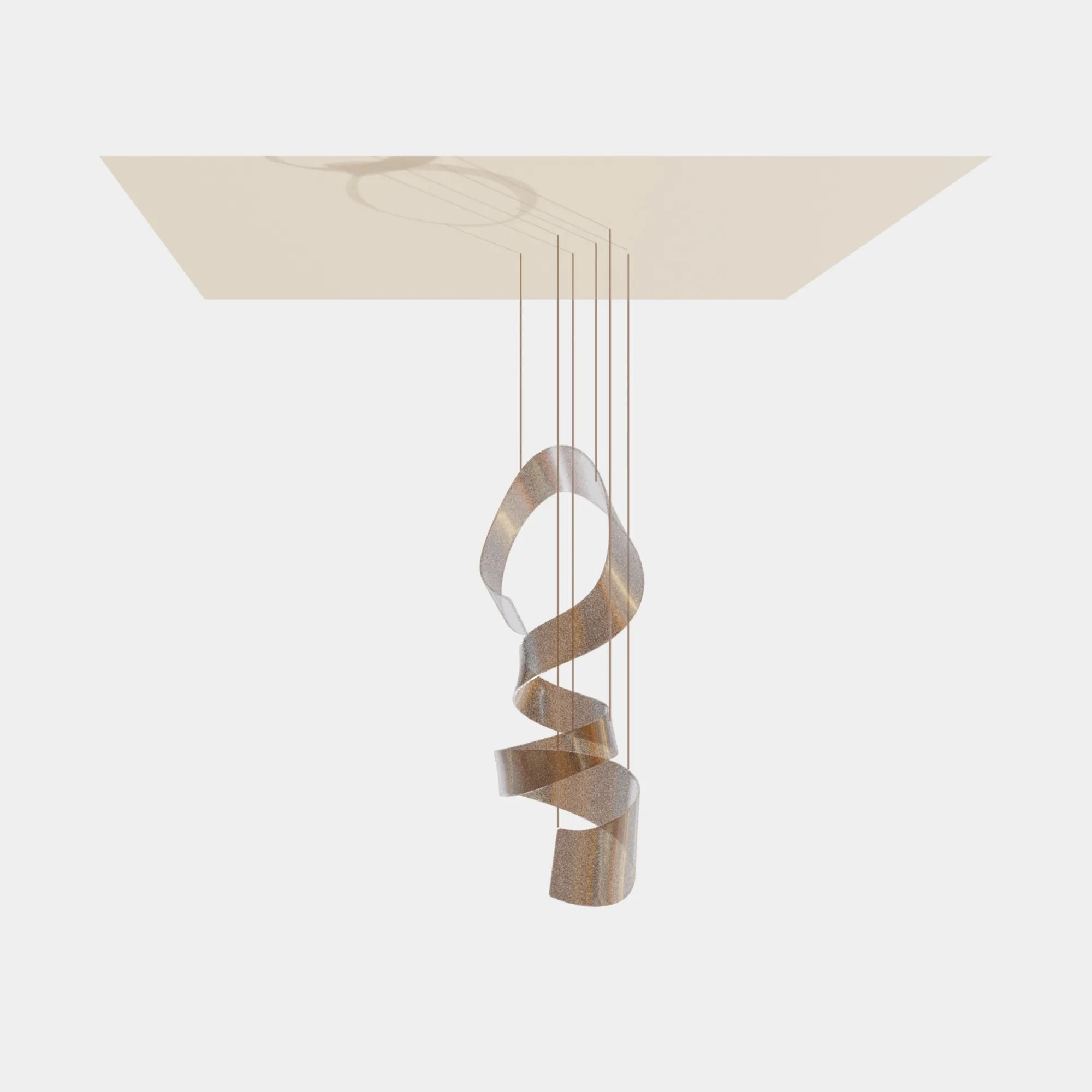 Hanging spiral sculpture in ribbon design with golden speck details for hotels, atriums, and luxury interiors.