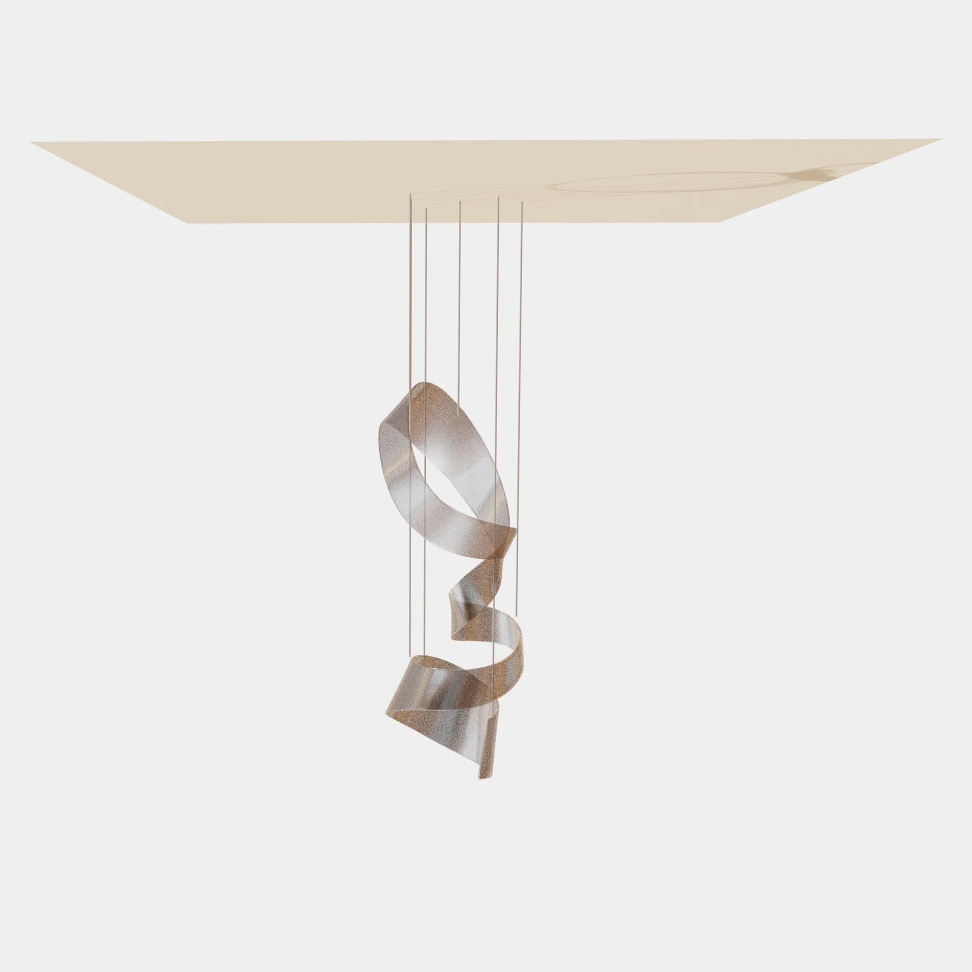 Hanging spiral sculpture in ribbon design with golden speck details for hotels, atriums, and luxury interiors.