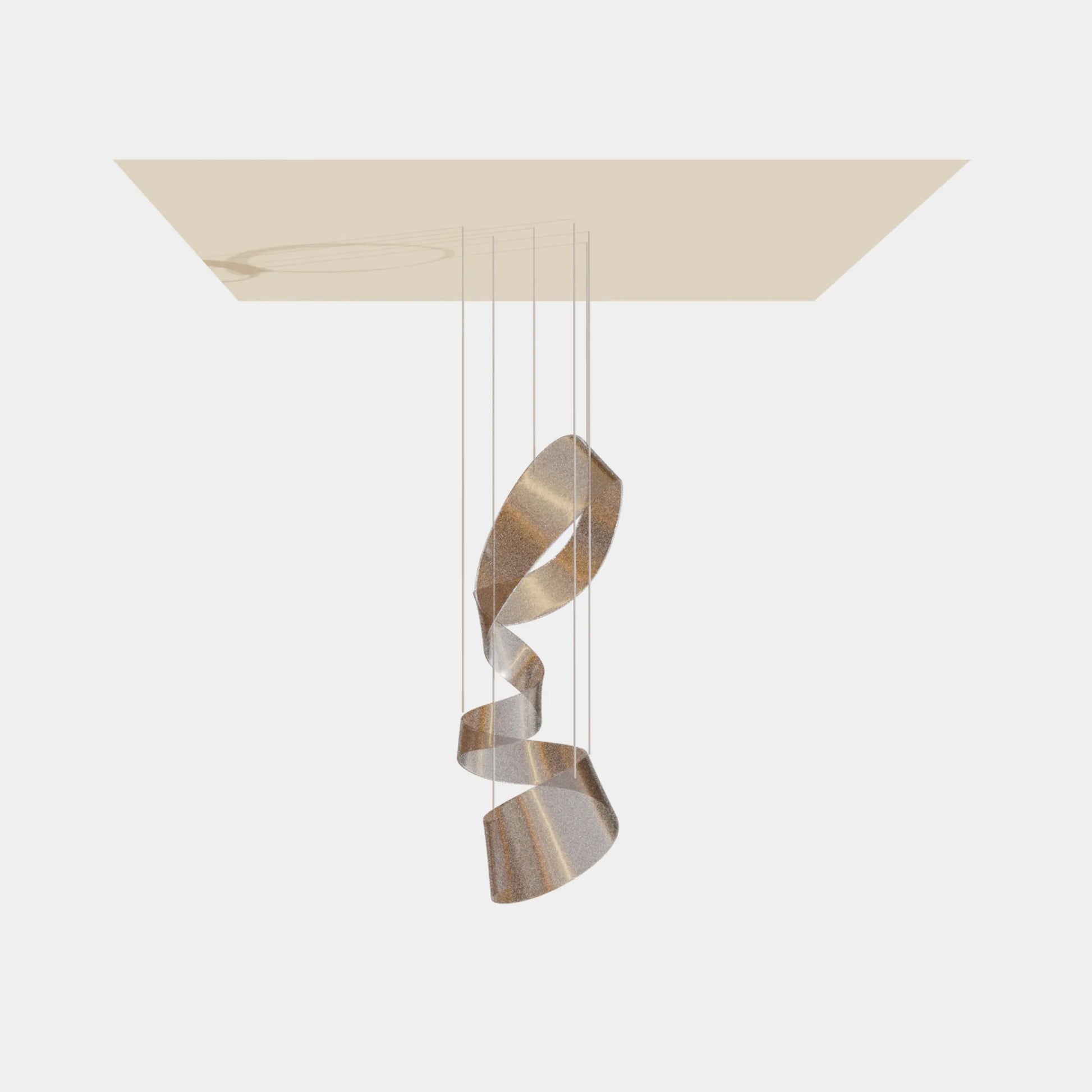 Hanging spiral sculpture in ribbon design with golden speck details for hotels, atriums, and luxury interiors.