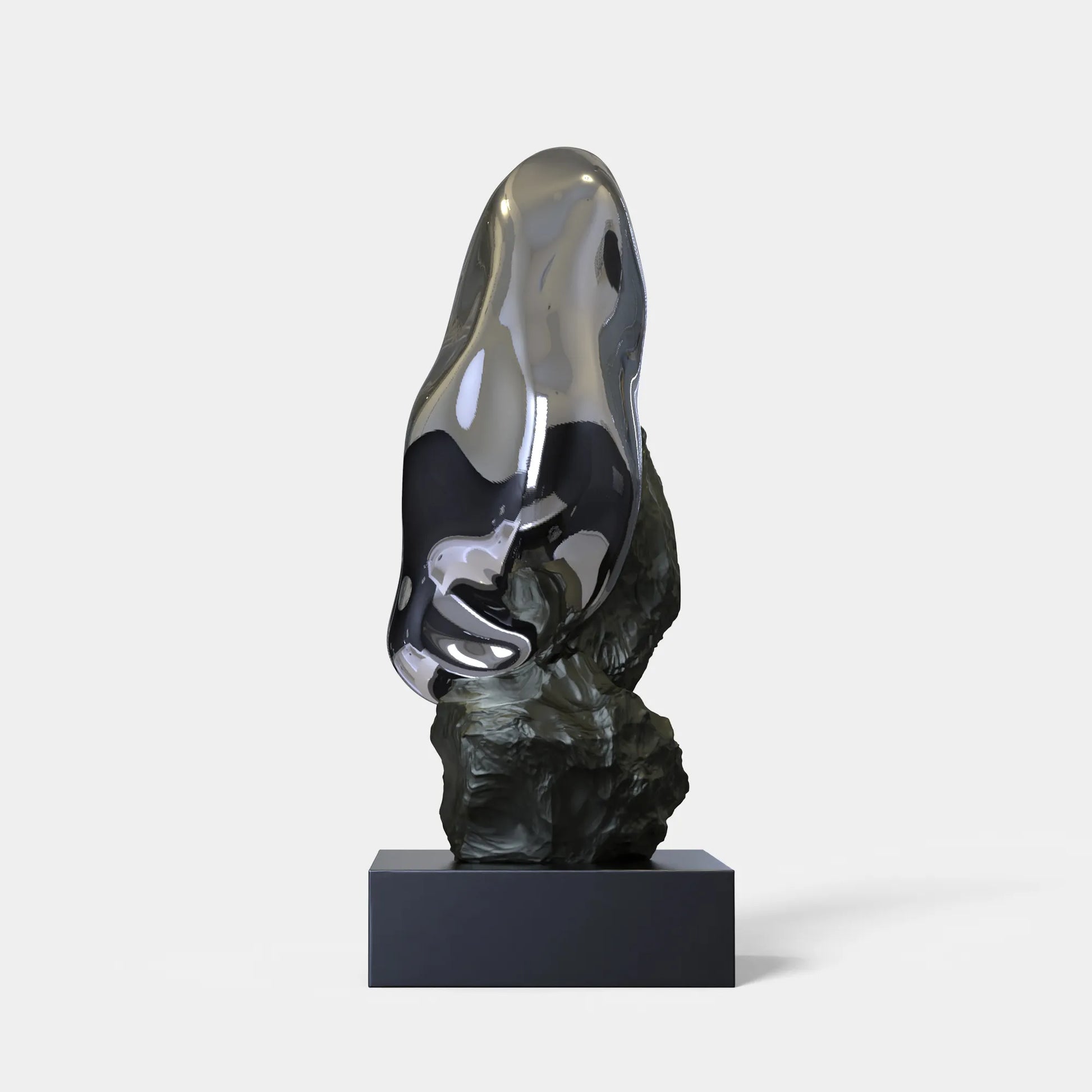 Abstract stainless steel sculpture with stone base for modern interiors and luxury spaces.