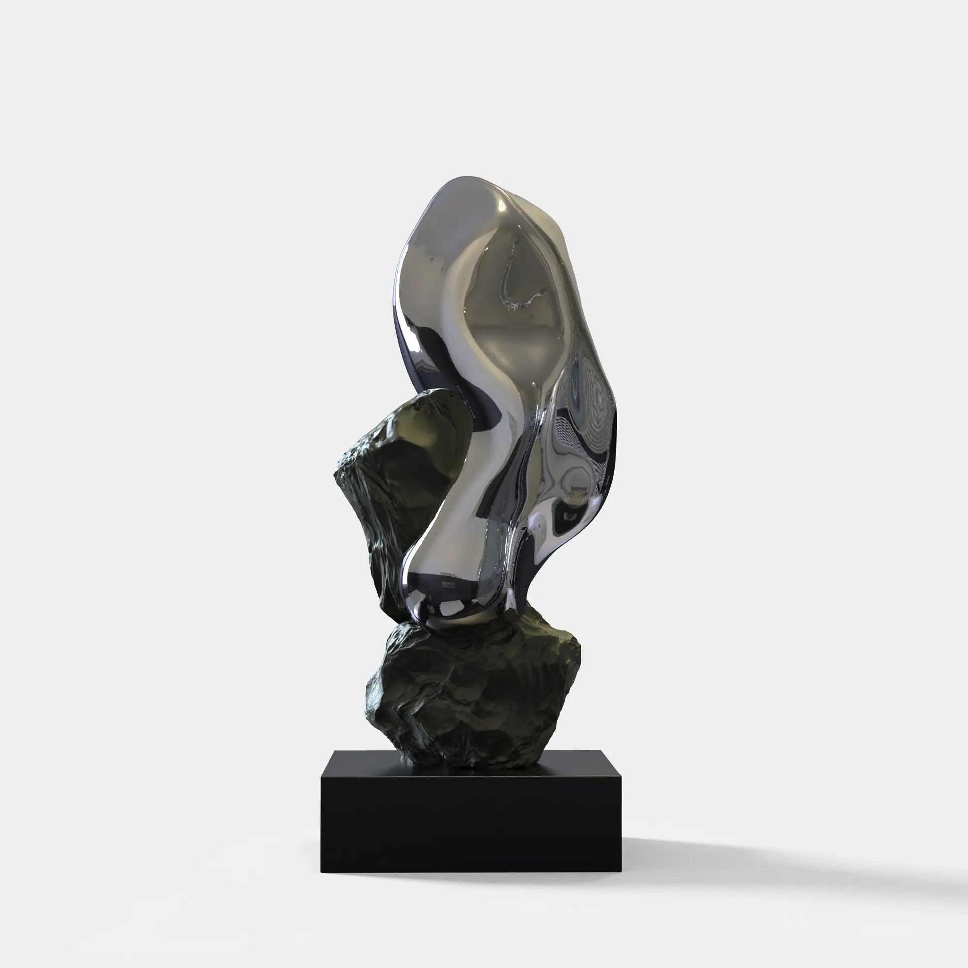 Abstract stainless steel sculpture with stone base for modern interiors and luxury spaces.