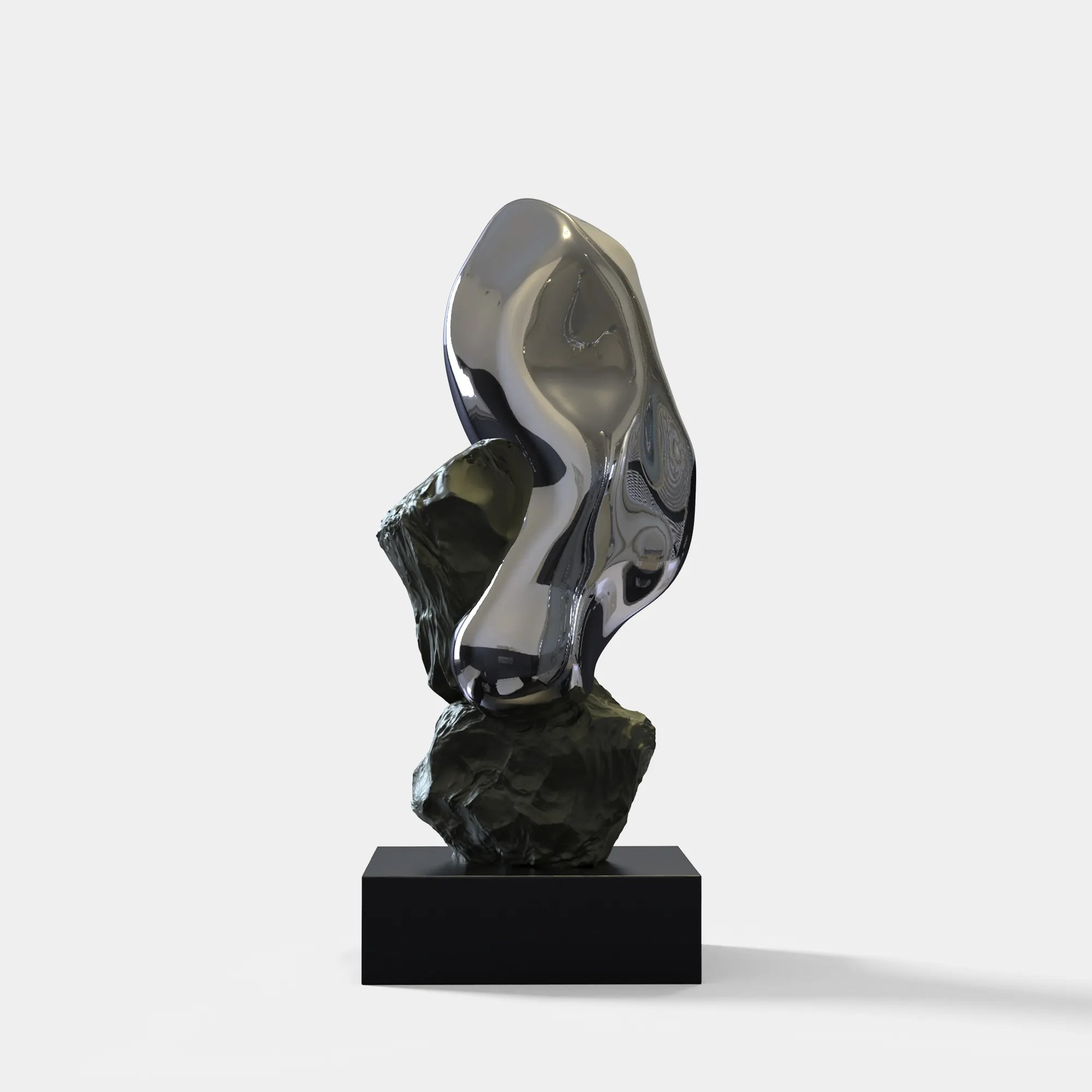 Abstract stainless steel sculpture with stone base for modern interiors and luxury spaces.