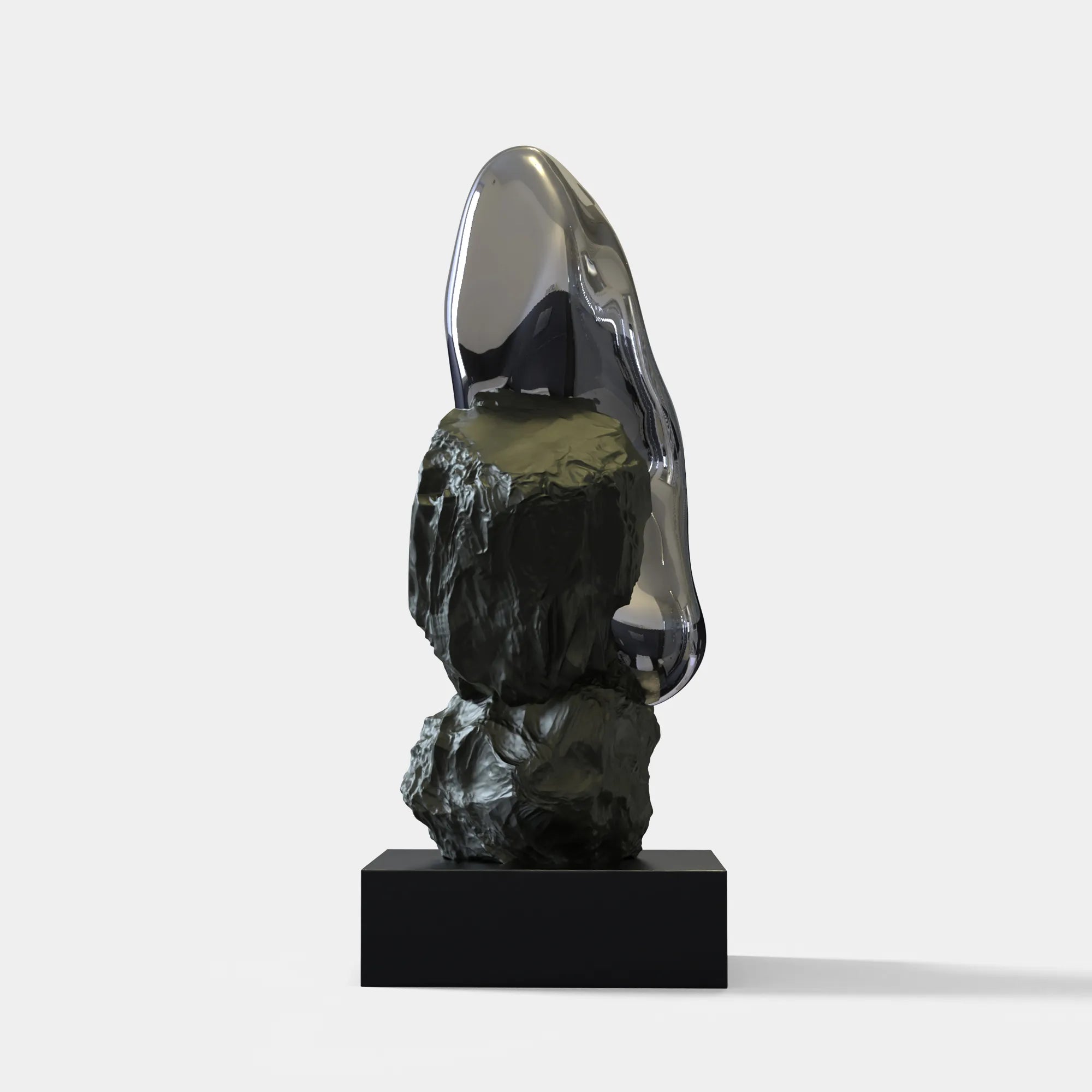 Abstract stainless steel sculpture with stone base for modern interiors and luxury spaces.