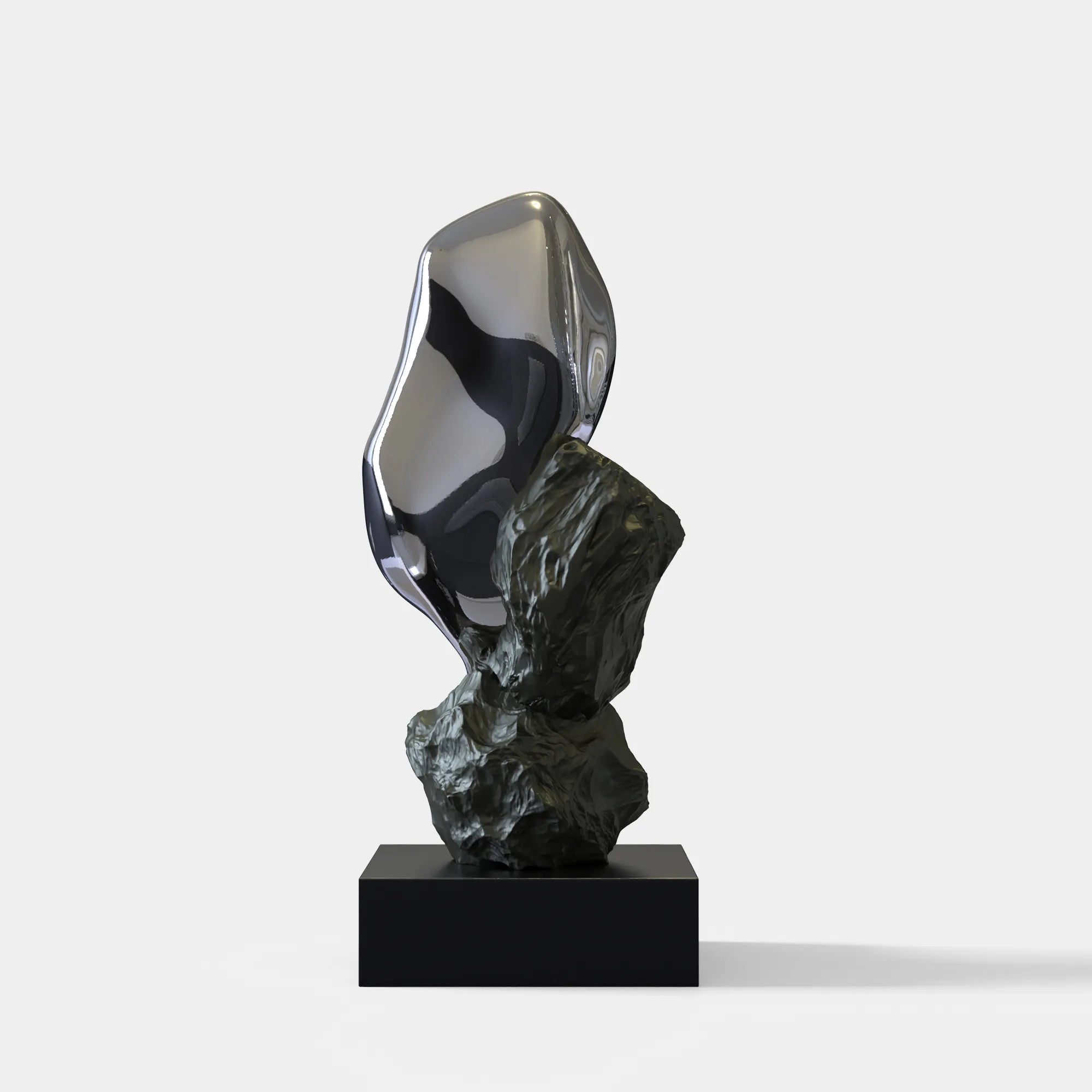 Abstract stainless steel sculpture with stone base for modern interiors and luxury spaces.