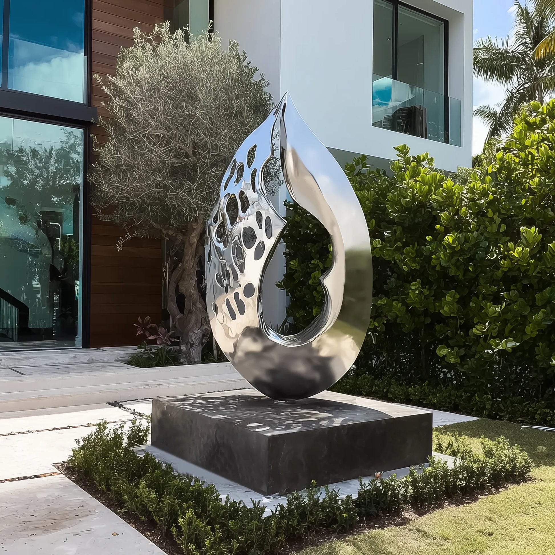 Abstract stainless steel sculpture in modern design for gardens.