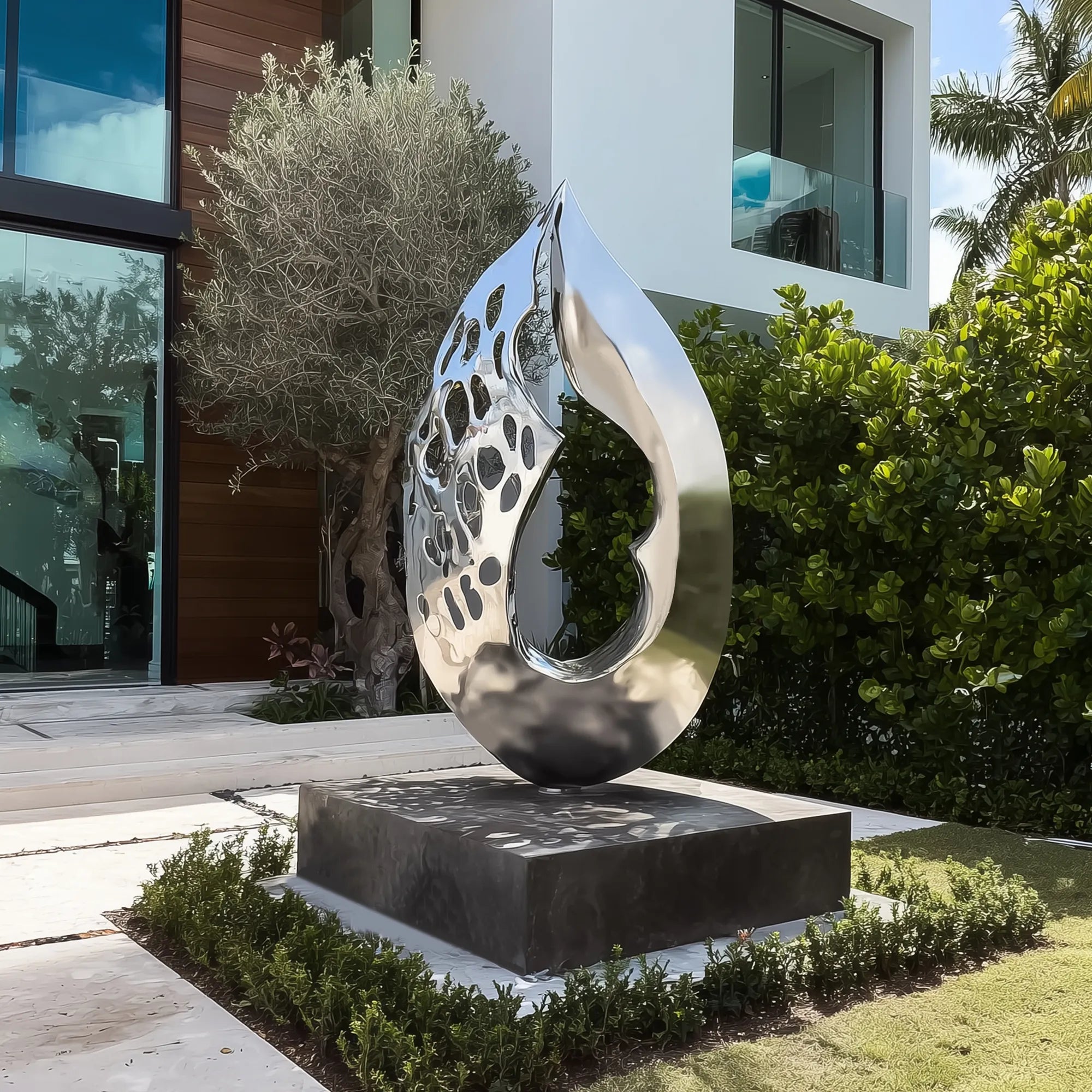 Abstract stainless steel sculpture in modern design for gardens.