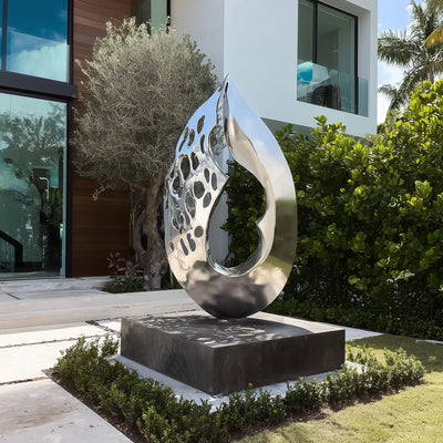 DVS Modern Abstract Sculpture in Stainless Steel with Flame Waterdrop Inspired Design for Villas Gardens and Luxury Spaces DS026