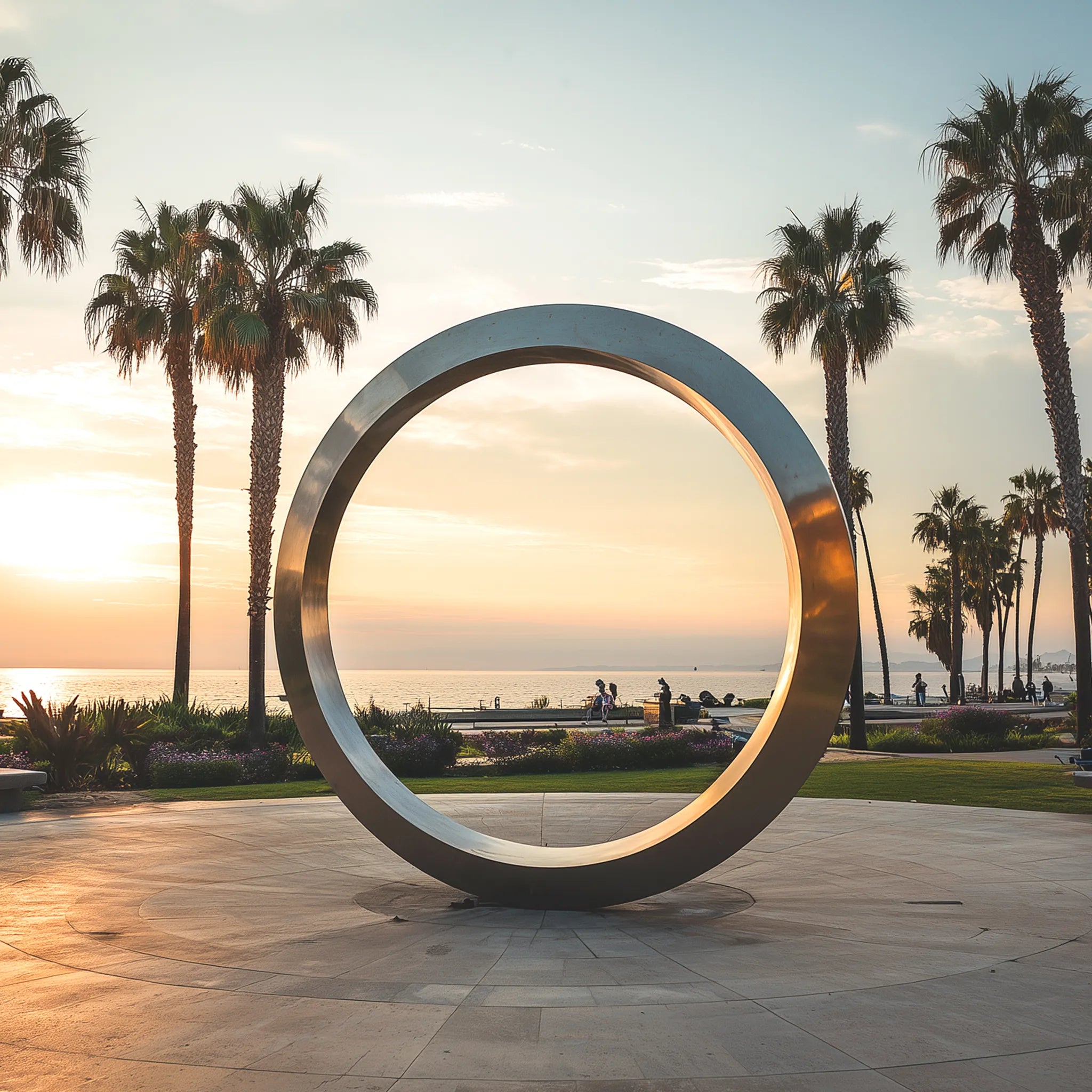 Modern large ring sculpture in stainless steel for plazas.
