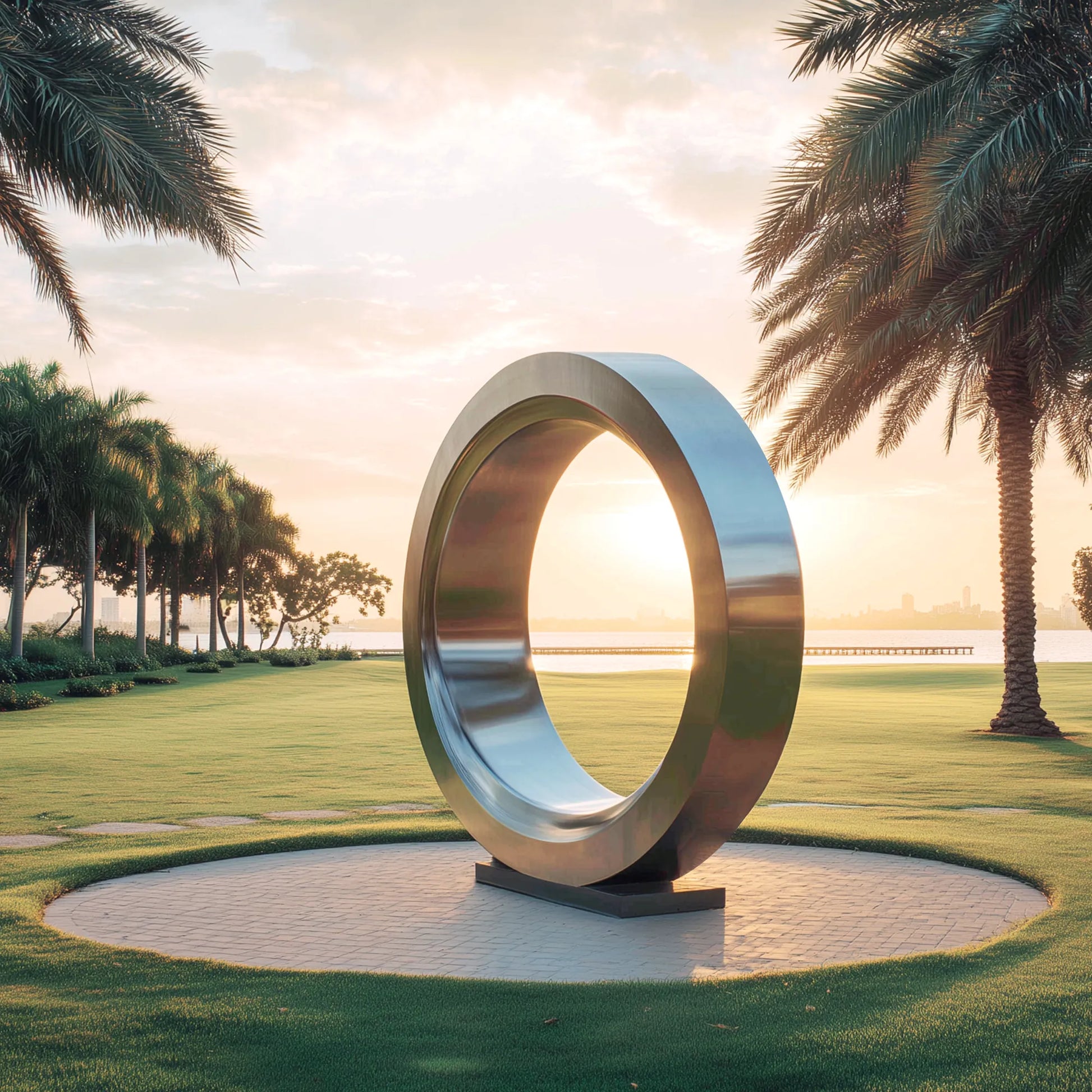 Modern ring sculpture in stainless steel for gardens and parks.