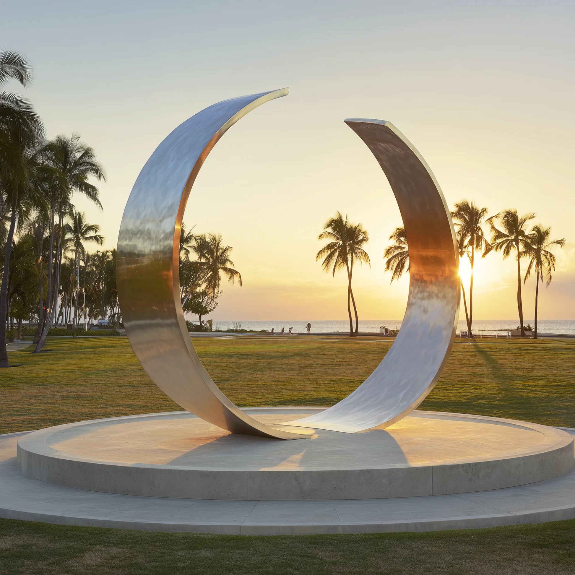 Stainless steel ring sculpture with two separate arcs in a contemporary design for parks and plazas.