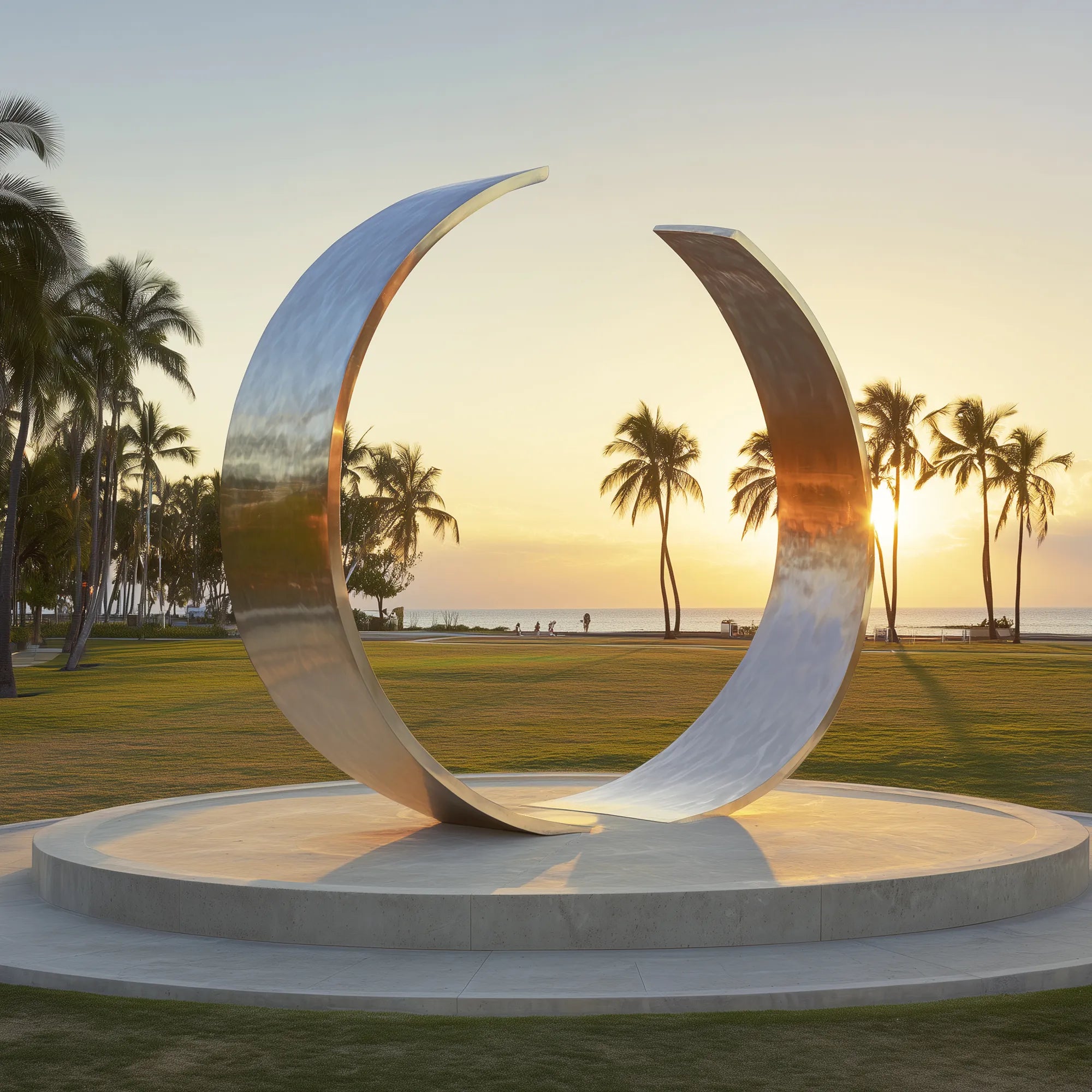 Stainless steel ring sculpture with two separate arcs in a contemporary design for parks and plazas.