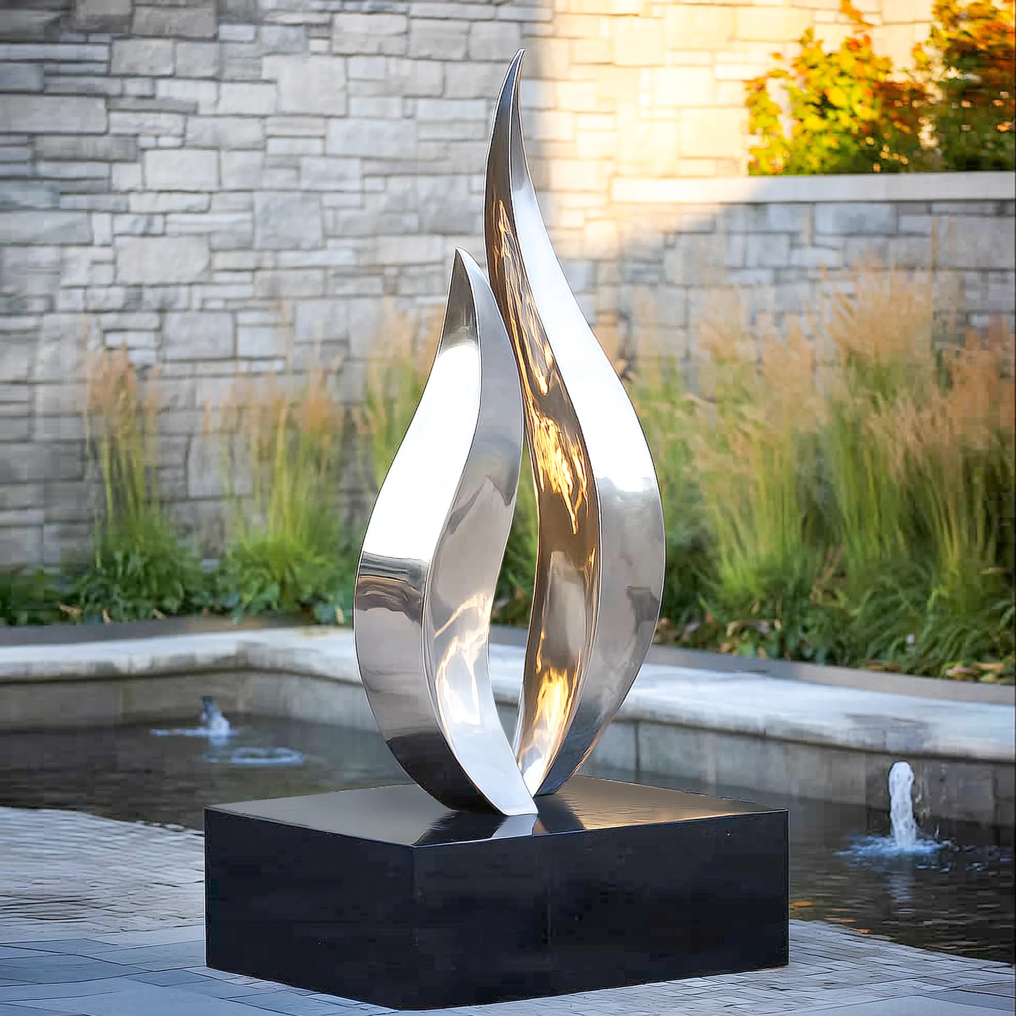 Modern metal sculpture in stainless steel for villa gardens.