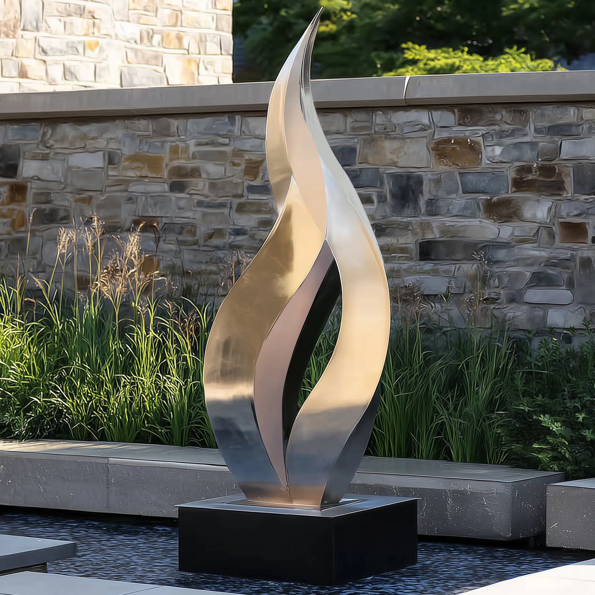 Modern stainless steel sculpture with abstract design for outdoor spaces.